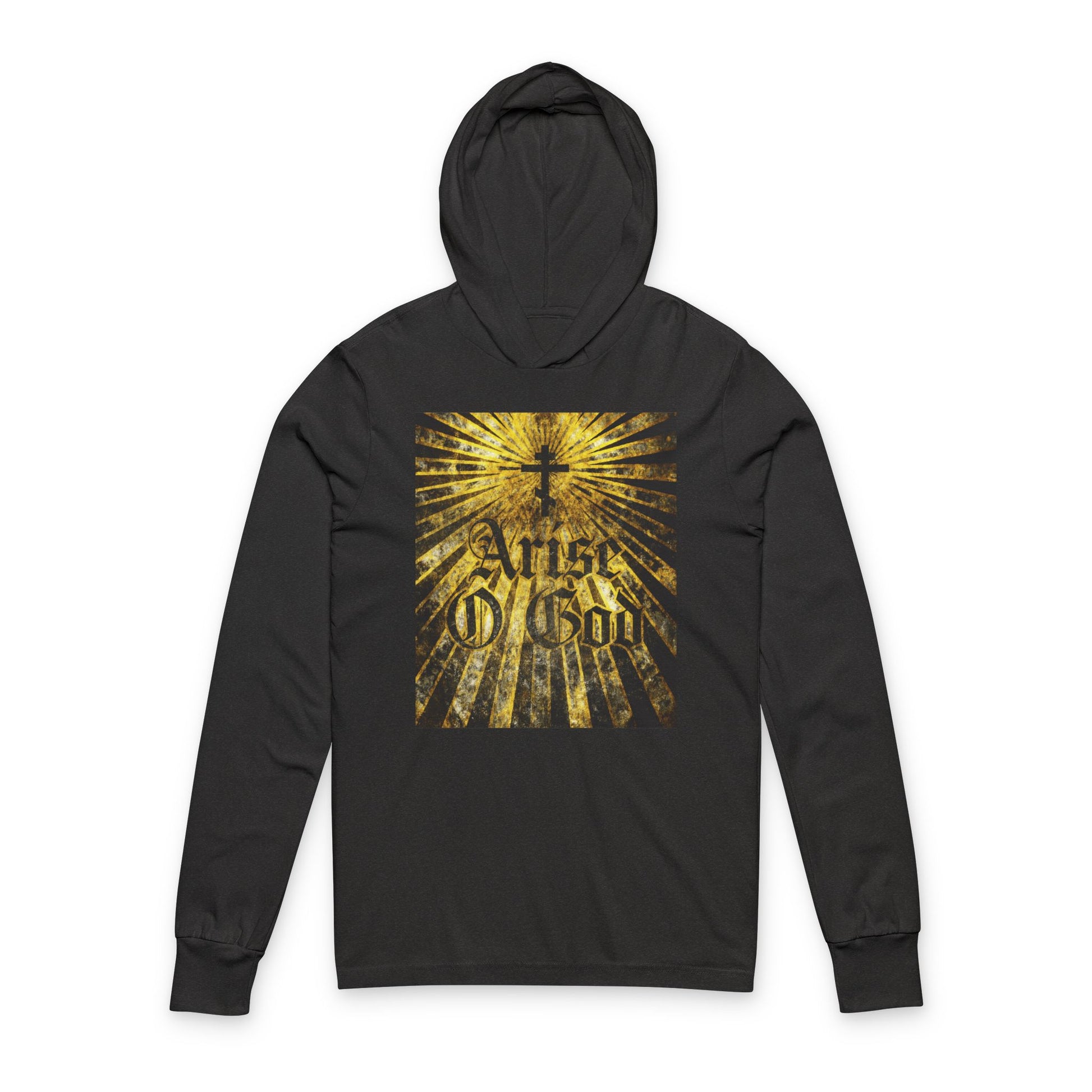 Charcoal Black TriBlend hoodie with textured Gothic "Arise O God" text, Orthodox cross, and golden rays—celebrating Psalm 81 (82 LXX) and the Divine Council worldview in an Orthodox Christian design.
