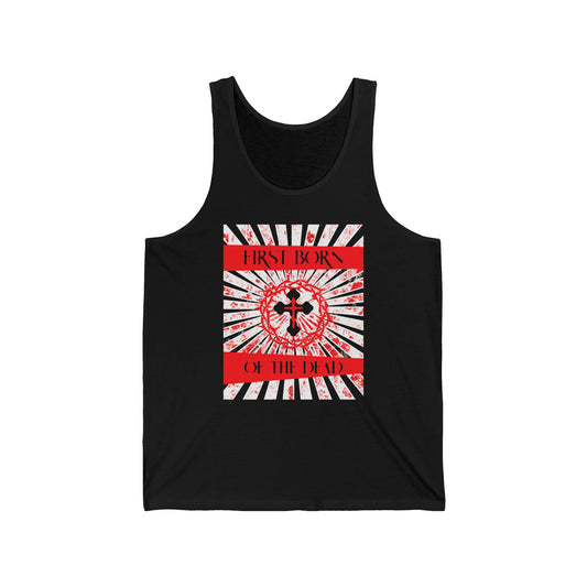 First Born of the Dead | Orthodox Cross and Crown of Thorns | Red White and Black Textured Design with Rays | Orthodox Christian Jersey Tank Top / Sleeveless Shirt