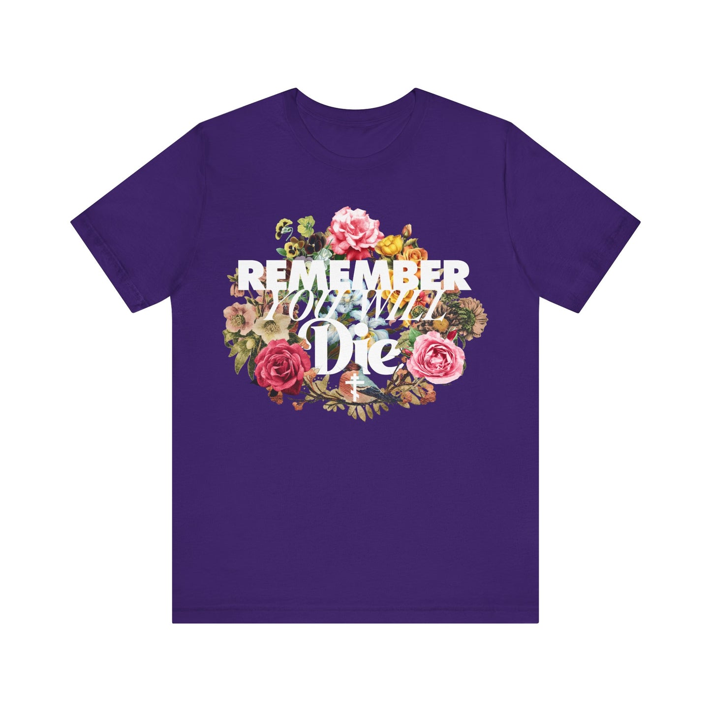Remember You Will Die | Cross | Classic Typography & Floral Wreath Design (FRONT PRINT) | Memento Mori | Orthodox Christian Cotton T-Shirt