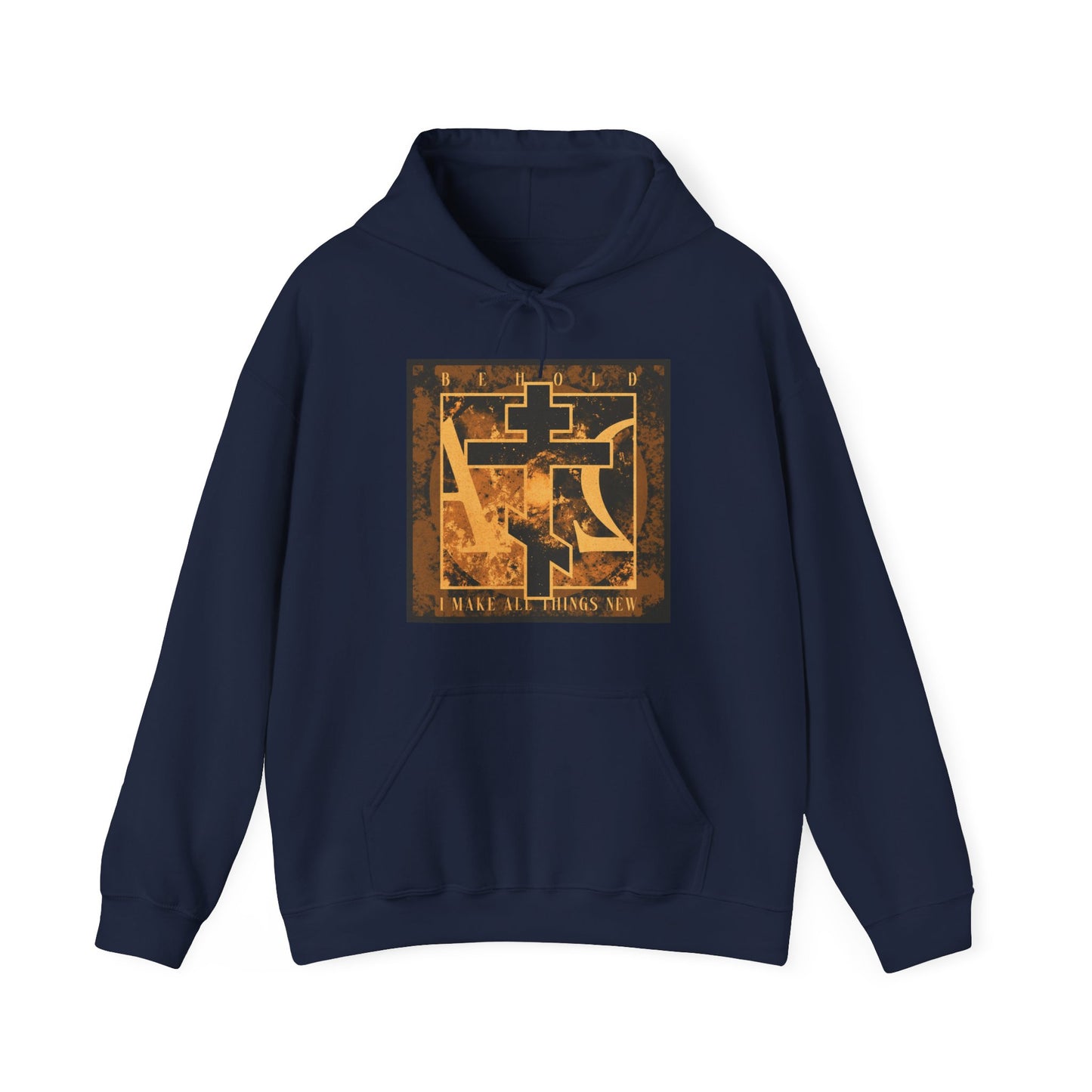 Navy "Behold, I Make All Things New" hoodie featuring a brown & orange Orthodox cross with Alpha & Omega background, inspired by Revelation 21:5 and the promise of a new heaven and new earth.