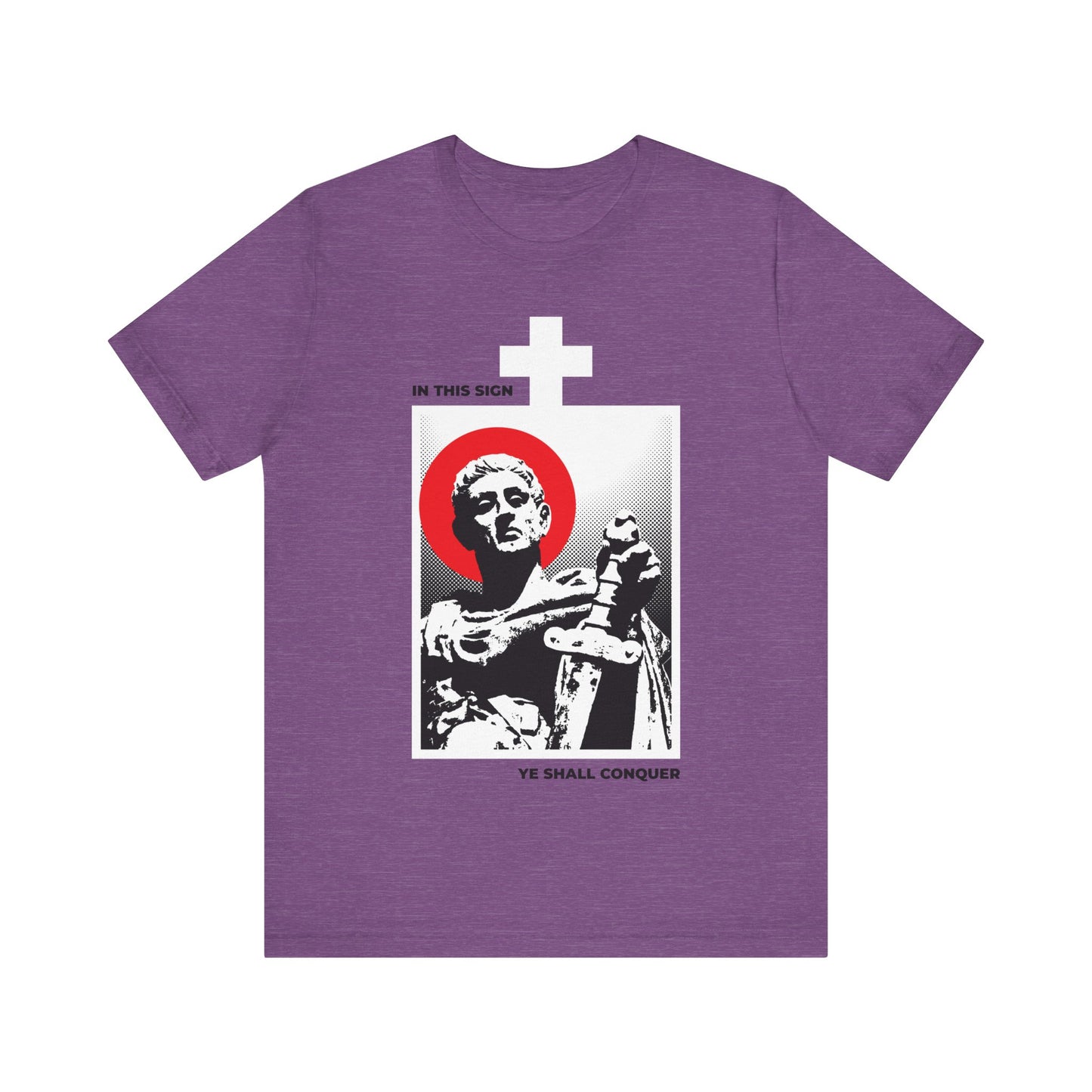 Heather Team Purple cotton t-shirt featuring St Constantine the Great with sword, white cross, text "In This Sign Ye Shall Conquer"—an Orthodox Christian tribute to conquering passions through faith.