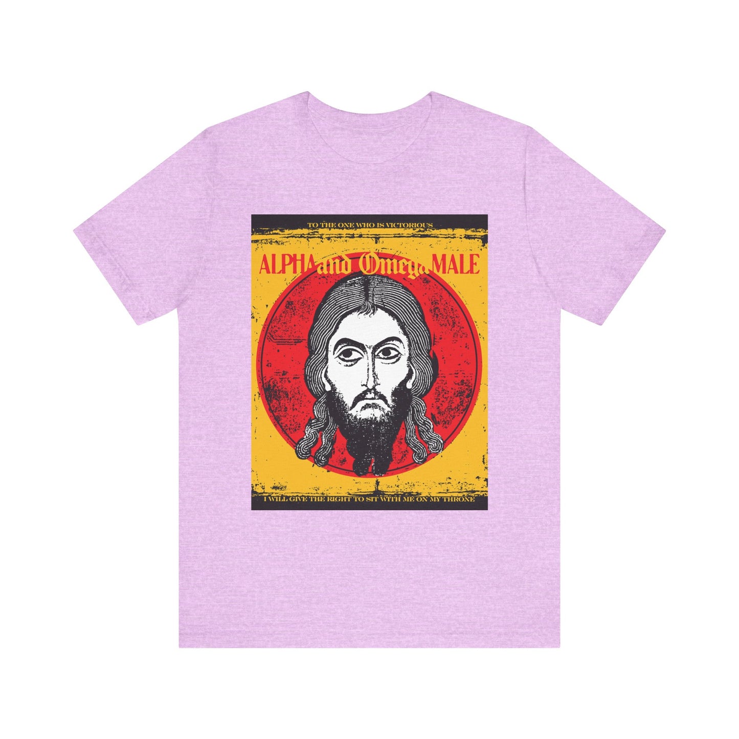 Heather Prism Lilac "Alpha & Omega Male" unisex tee featuring the Image of Edessa IkonoGraphic of Jesus, inspired by Revelation—celebrating His eternal presence: "To the One Who Is Victorious." Orthodox lightweight cotton.