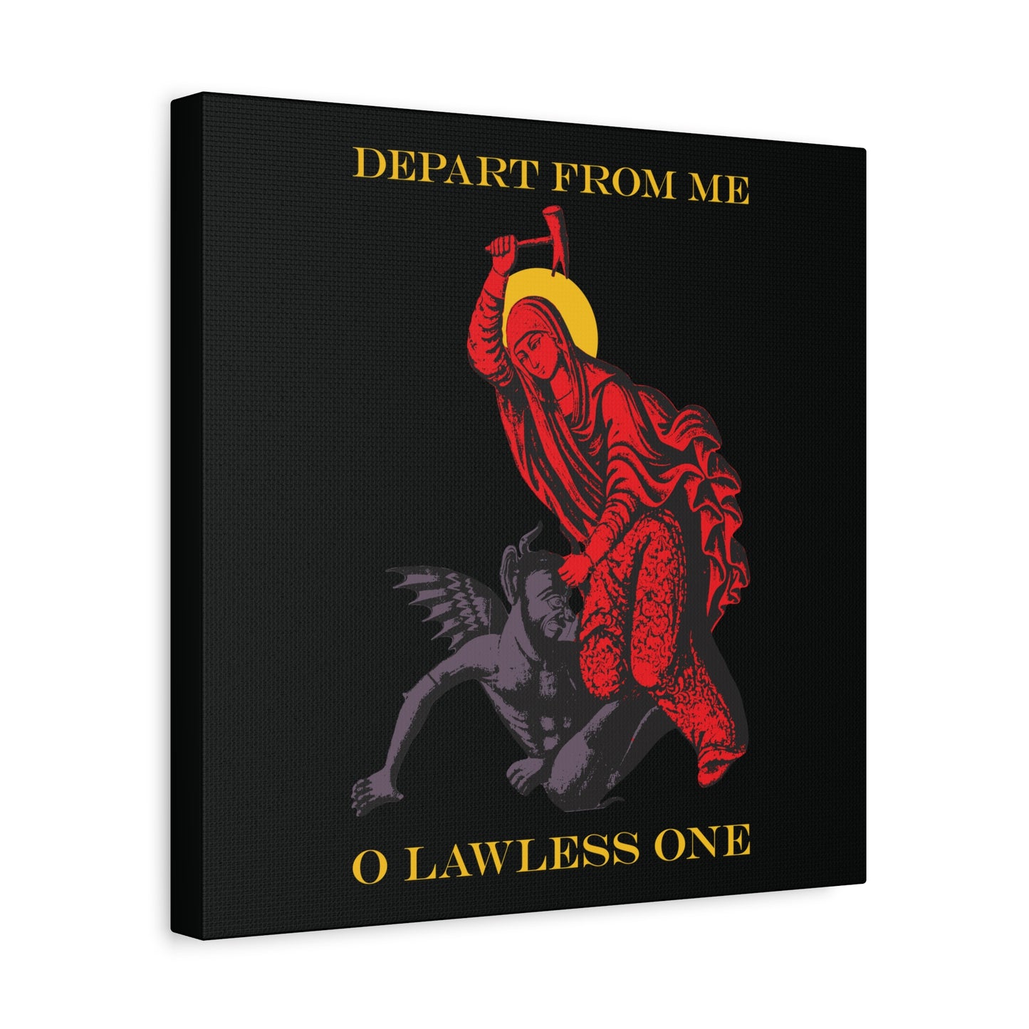 St Marina IconoGraphic (Depart from Me O Lawless One) | Saint Beating the Devil with a Hammer | Orthodox Christian Canvas Art
