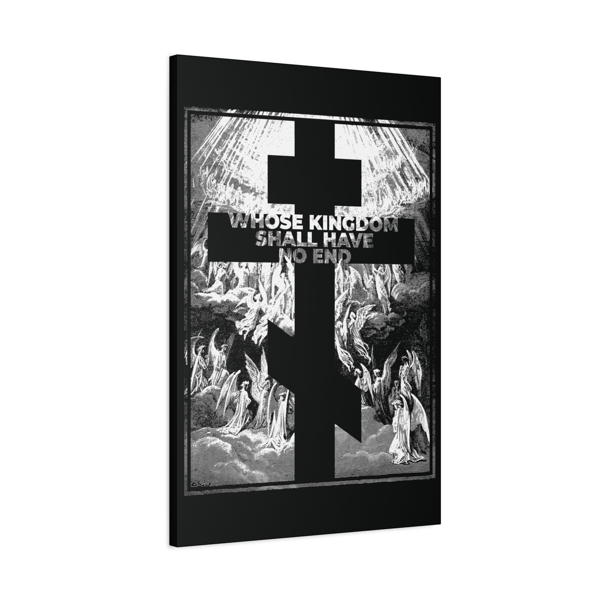 Featuring Gustave Dore’s etching, this Orthodox wall art shows a black cross over angels and the bold phrase "WHOSE KINGDOM SHALL HAVE NO END"—a line from the Nicene Creed that inspires faith and hope.