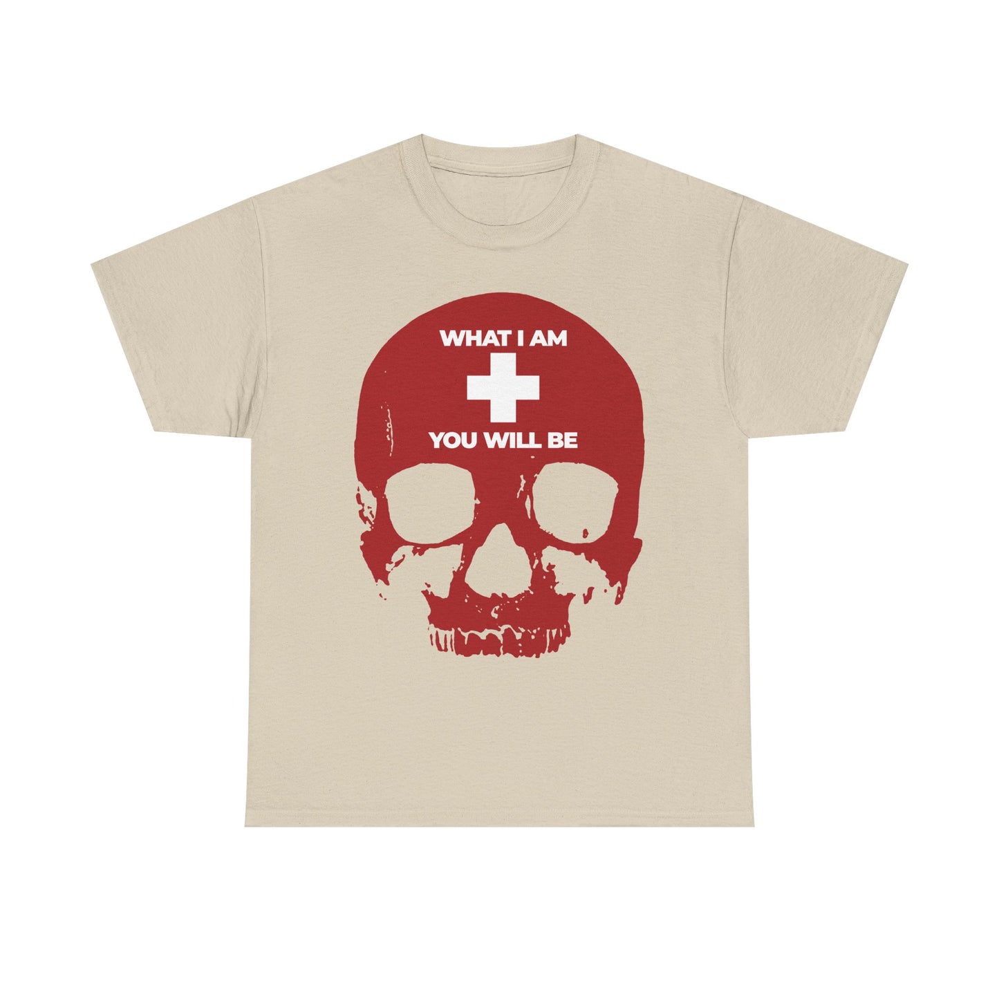Sand-colored unisex tee featuring a red skull graphic and a white cross, with the text "WHAT I AM YOU WILL BE"—a striking design inspired by Orthodox Christian Memento Mori tradition and Ecclesiastes 12:8-14, reminding us to "Fear God in all you do." Product: What I Am You Will Be White Cross on Red Skull | Remember You Will Die | Memento Mori | Orthodox Christian Midweight Cotton Unisex Tee.
