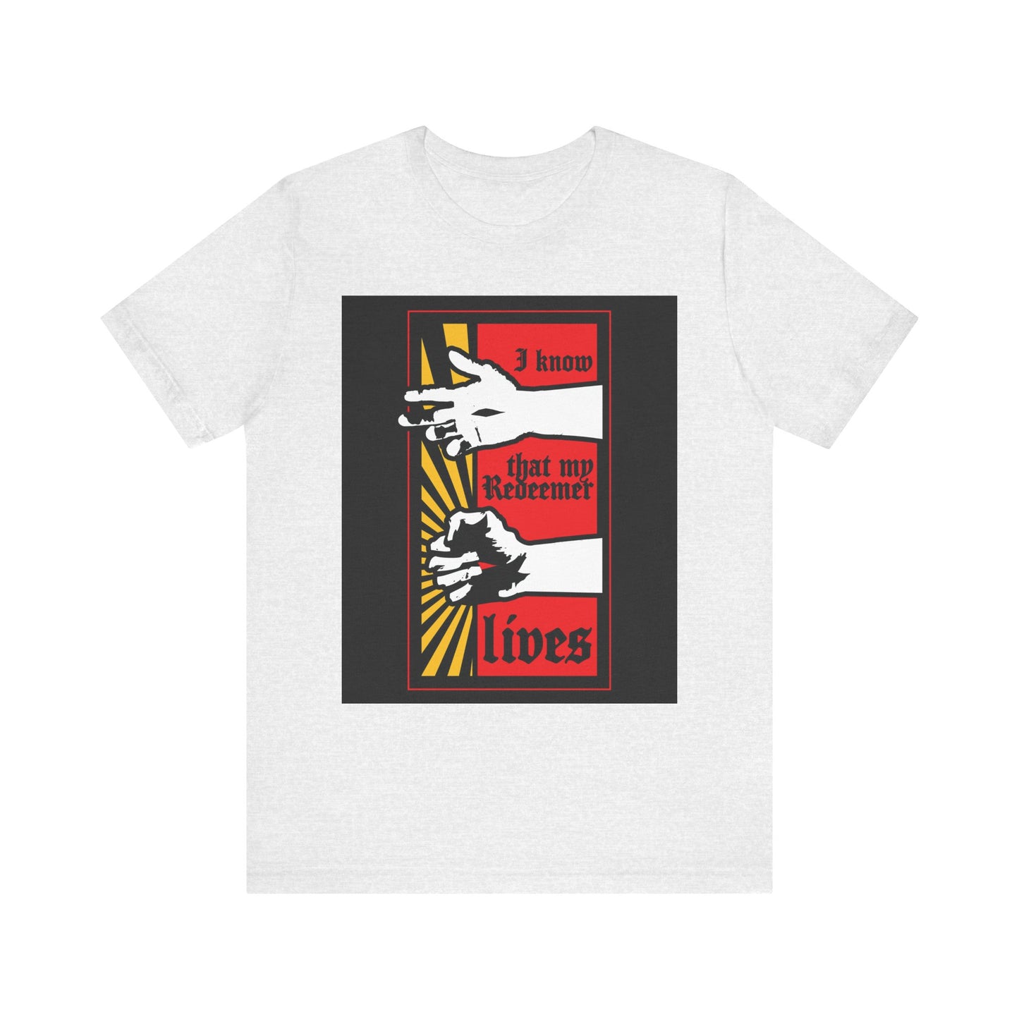 Ash t-shirt featuring a Christ Resurrected comic book style graphic and “I Know That My Redeemer Lives” (Job 19:25) in red—an inspiring, lightweight cotton unisex tee for thoughtful scripture interpretation.