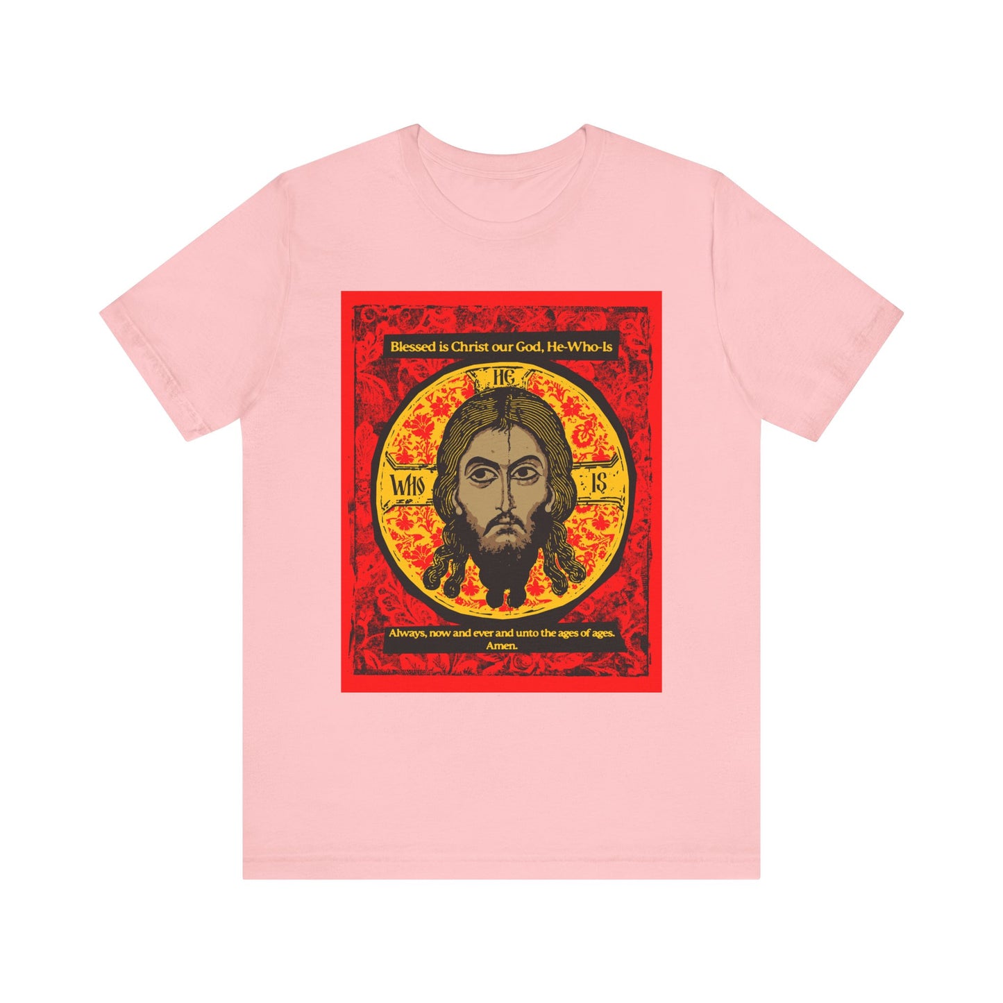 Pink "Made Without Hands (Mandylion/Image of Edessa)" unisex tee with Jesus Christ Orthodox icon graphic and hymn-inspired text in lightweight cotton.
