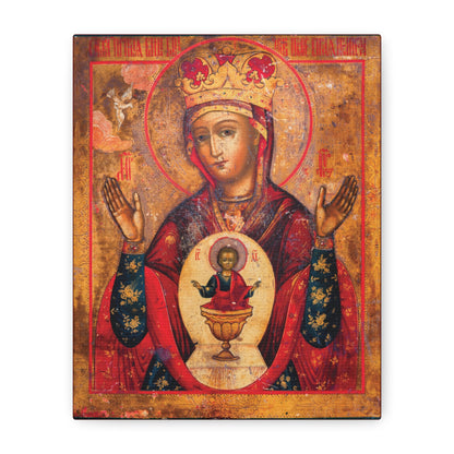 Mother of God of Nicaea Russian Orthodox Christian Icon (Panagia, Theotokos Mary): A religious canvas depicting the Theotokos with raised hands and the Christ Child shown as Heavenly Bread in a chalice on her chest, symbolizing the Holy Table; sacred wall art.