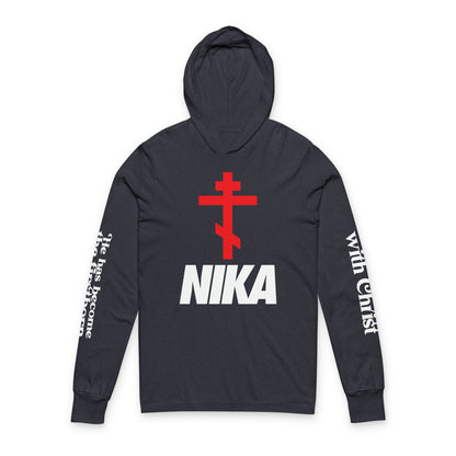 NIKA Orthodox Cross NIKE Logo Mashup | Crucified With Christ | Firstborn of the Dead | Sleeve Prints | Orthodox Long Sleeve Hooded Shirt