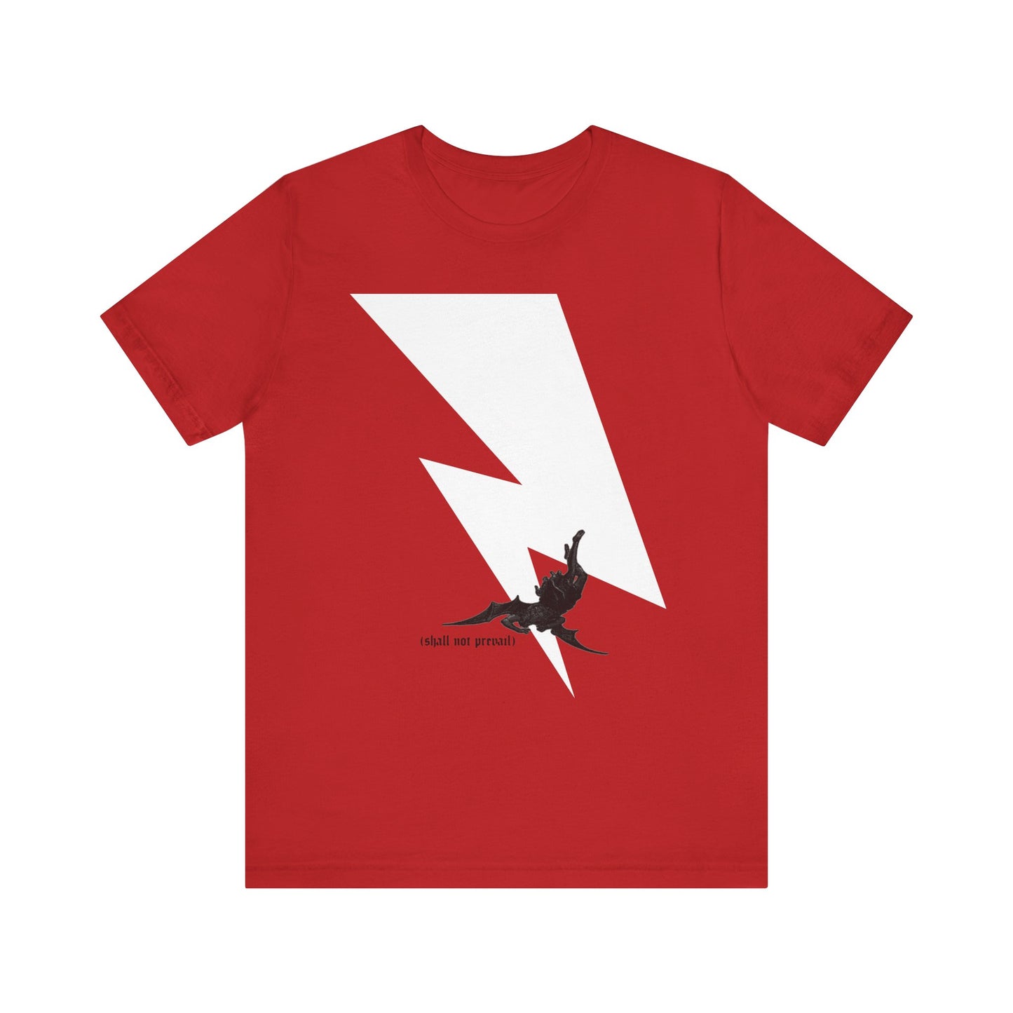 Red "Shall Not Prevail" unisex tee featuring a minimalist design: a large white lightning bolt and subtle black dragon artwork inspired by Luke 10:18, referencing Satan’s fall from heaven. Lightweight cotton.