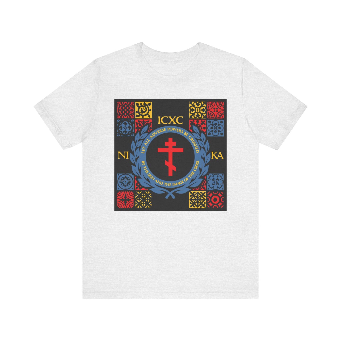 Ash t-shirt featuring a red, yellow, and blue medieval tile cross with ICXC NIKA Greek letters. Design inspired by the Katavasia of the Cross and Moses at the Red Sea. Lightweight cotton unisex fit.