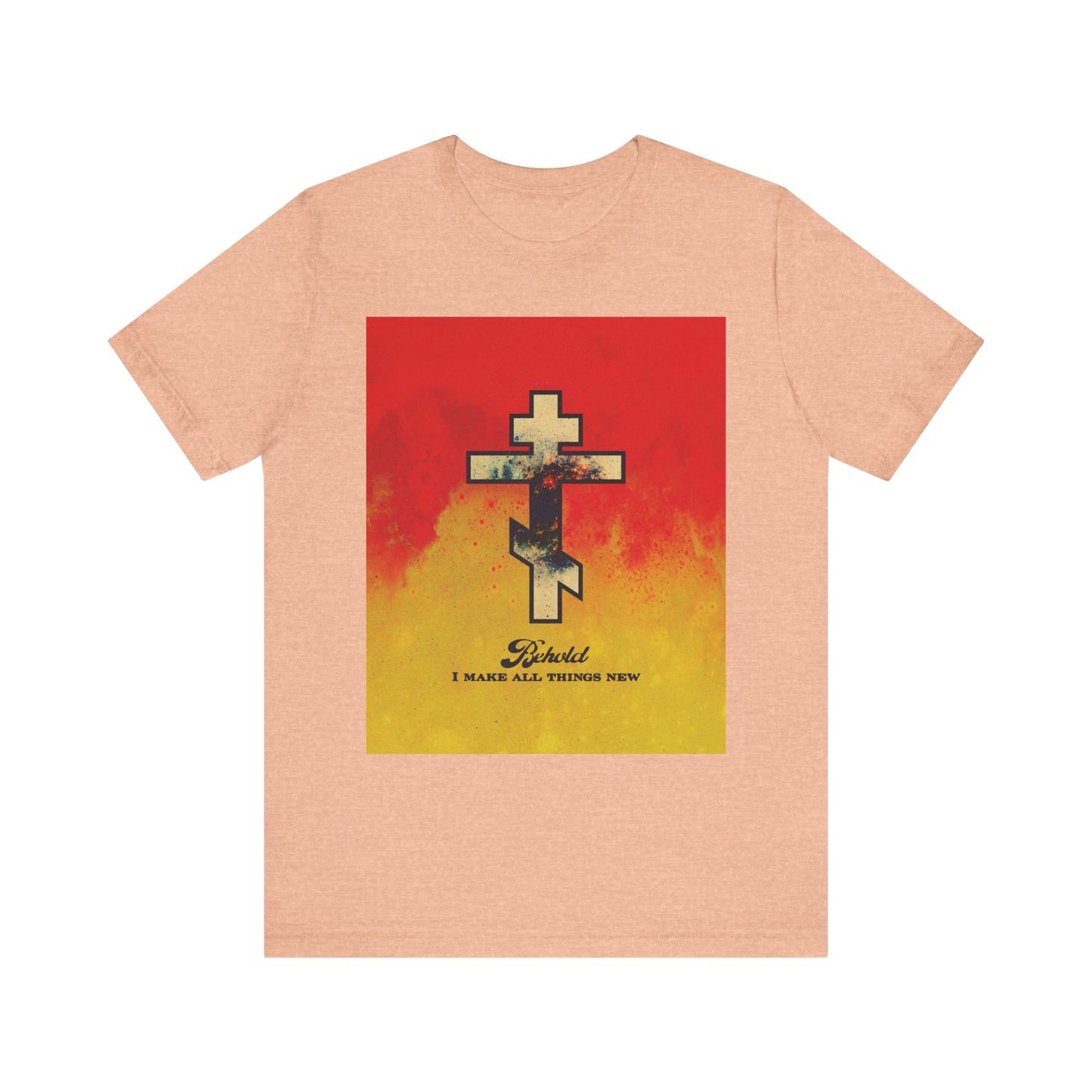 Heather peach unisex tee featuring a cosmic Orthodox cross on a red-yellow background and the words "Behold, I Make All Things New" (Rev 21:5). Lightweight cotton; inspired by biblical themes of renewal and new creation.