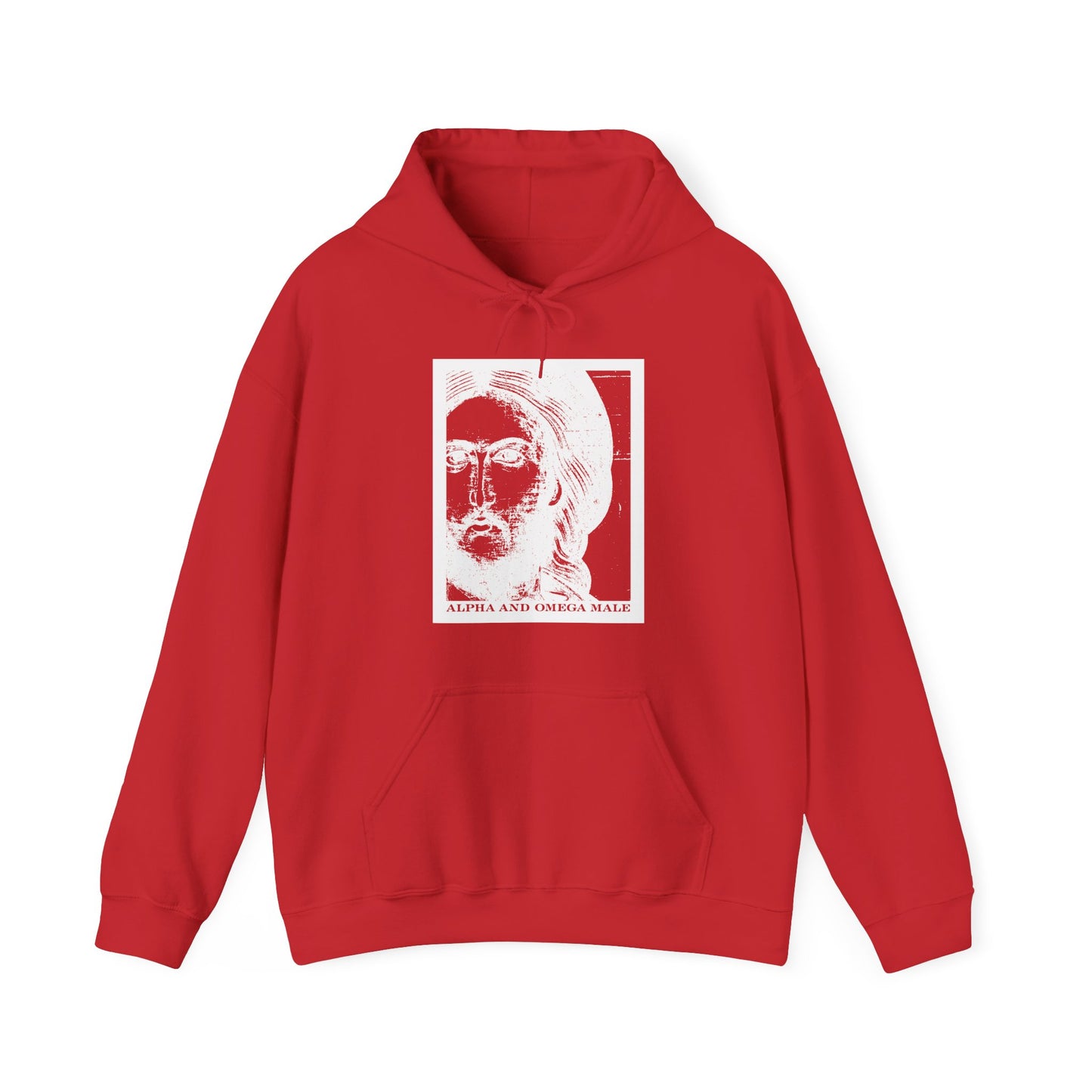 Red "Alpha & Omega Male" hoodie featuring a photonegative Jesus Christ iconographic graphic and "I am the Beginning & the End (Rev 22)" text; Orthodox Christian cotton/poly blend.