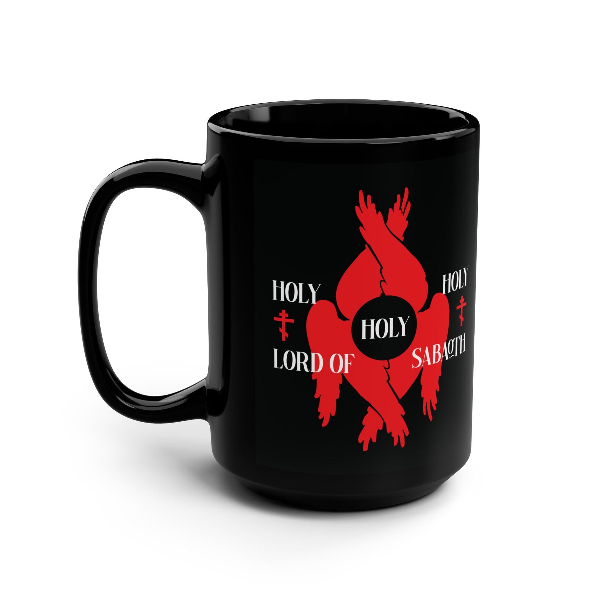 Black mug with a red six-winged seraphim, Orthodox crosses, and white "Holy Holy Holy Lord of Sabaoth" text inspired by Isaiah 6:3.
