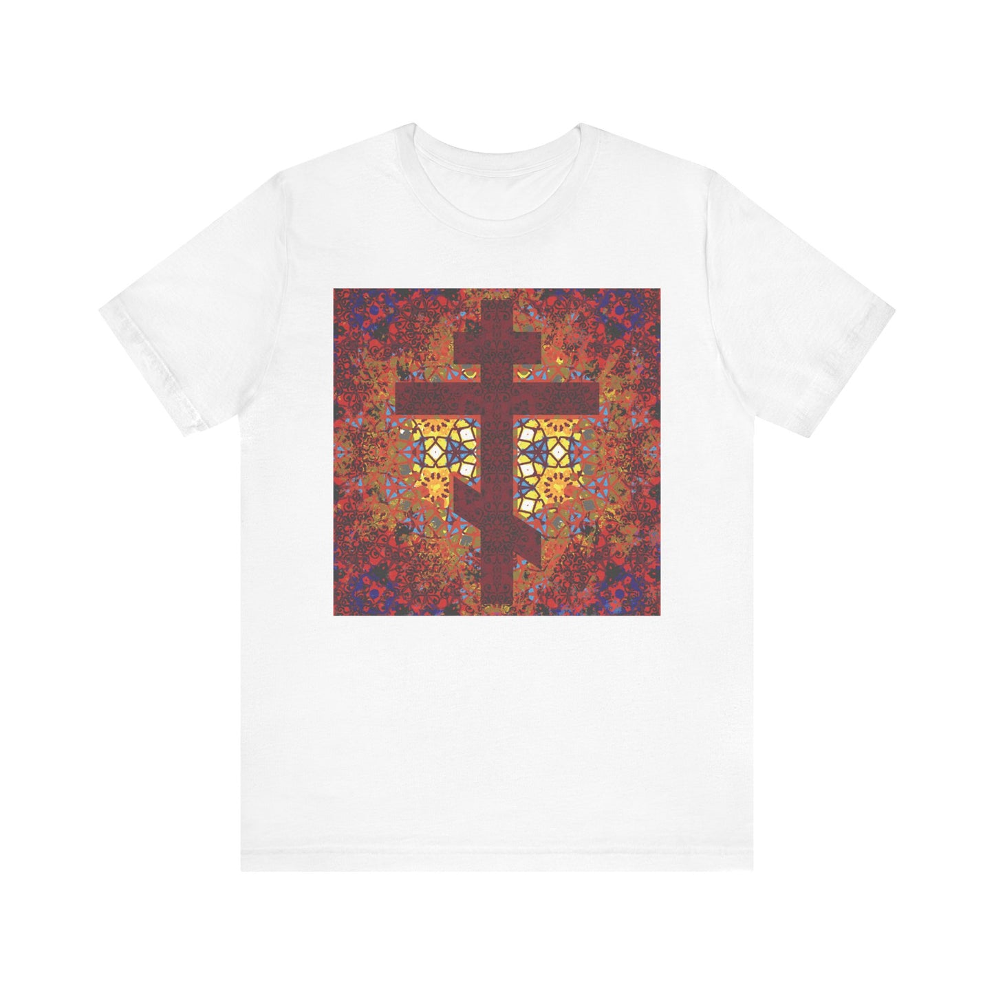 White "Geometrical Pattern Stained Glass Orthodox Cross Design" T-shirt made from lightweight cotton, featuring a vibrant red, yellow, and orange Orthodox cross on the front.