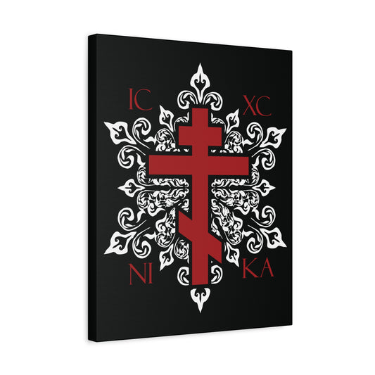 ICXC / NIKA Red Orthodox Cross on Ornate White Medieval Floral Design | Exclusive Best-Selling | Orthodox Christian Canvas Art