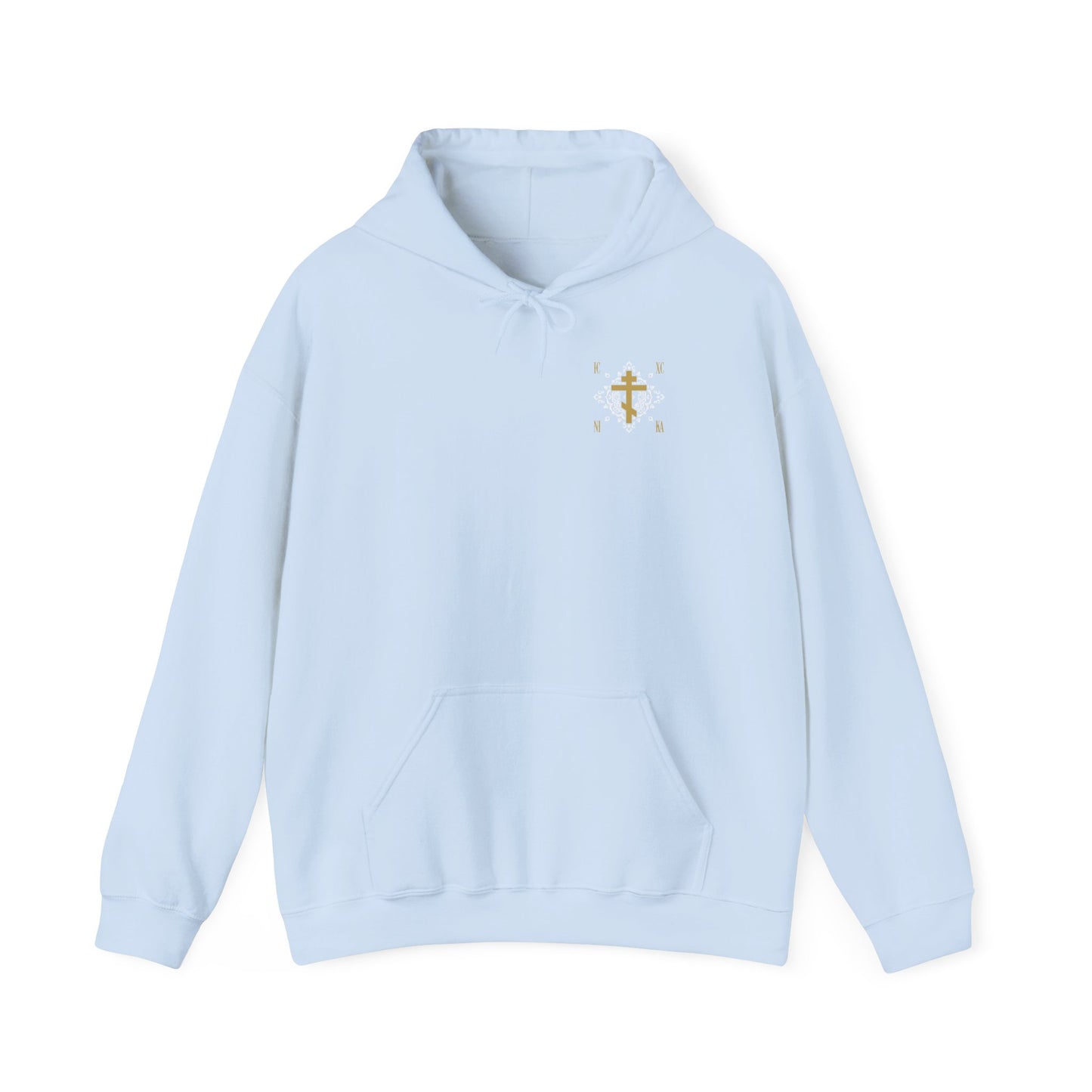 Light blue hoodie featuring a small gold Orthodox Cross ICXC NIKA design with a white medieval ornate floral pattern on the left chest, front pocket, and drawstring hood. The hoodie references “Jesus Christ Conquers” in its Christian theme.