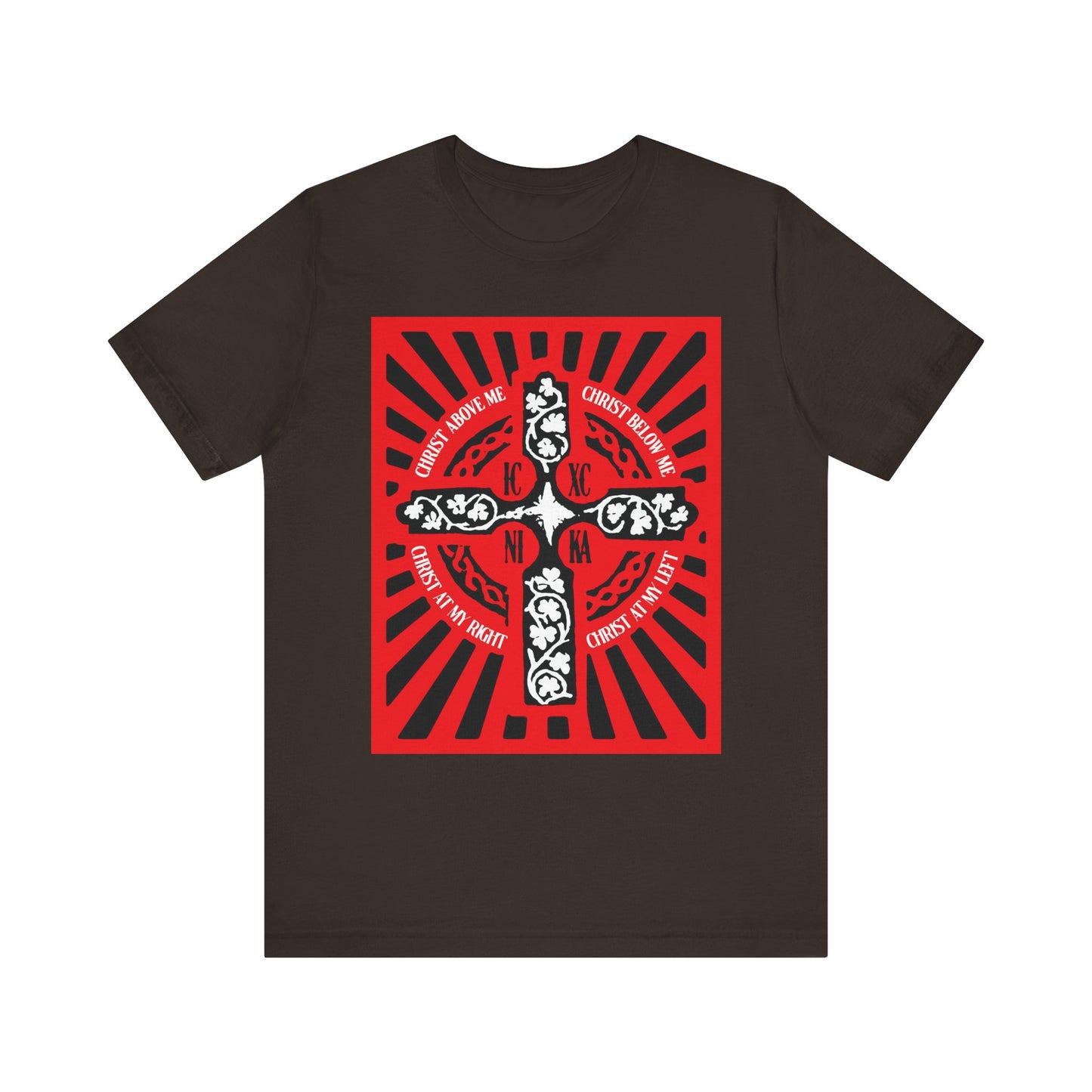 Brown unisex lightweight cotton tee featuring the Red ICXC NIKA Enniskillen Celtic Cross, accented with floral patterns and white religious text inspired by the Lorica of St. Patrick—a powerful Orthodox Christian shield prayer—encircling the cross for a touch of Celtic blessing.