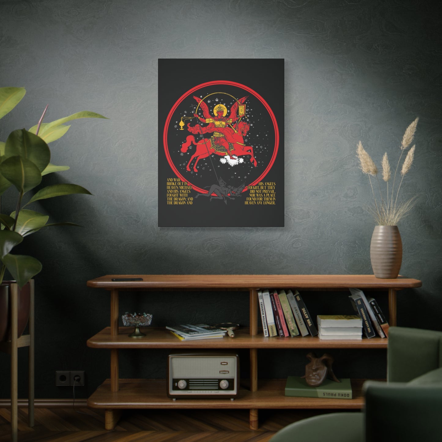 A cozy room with plants, books, a vintage radio, and the "Archangel Michael of the Apocalypse Icono-Graphic | War in Heaven (Rev 12:7-9) | Satan Cast Out | Christian Canvas Art" adorns the wall.