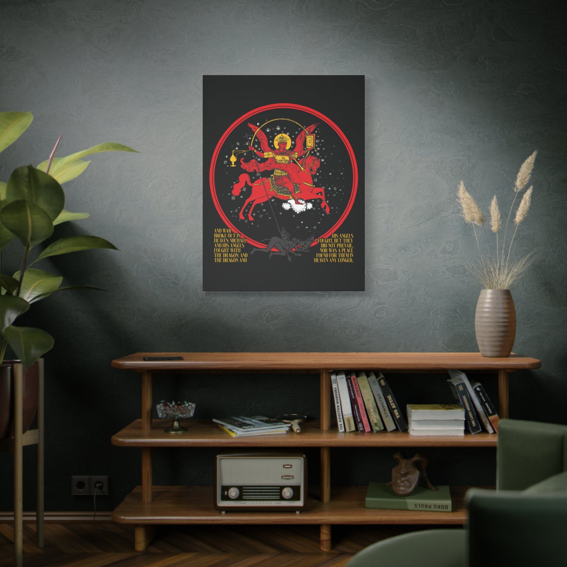 A cozy room with plants, books, a vintage radio, and the "Archangel Michael of the Apocalypse Icono-Graphic | War in Heaven (Rev 12:7-9) | Satan Cast Out | Christian Canvas Art" adorns the wall.