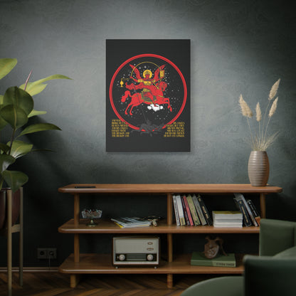 A cozy room with plants, books, a vintage radio, and the "Archangel Michael of the Apocalypse Icono-Graphic | War in Heaven (Rev 12:7-9) | Satan Cast Out | Christian Canvas Art" adorns the wall.