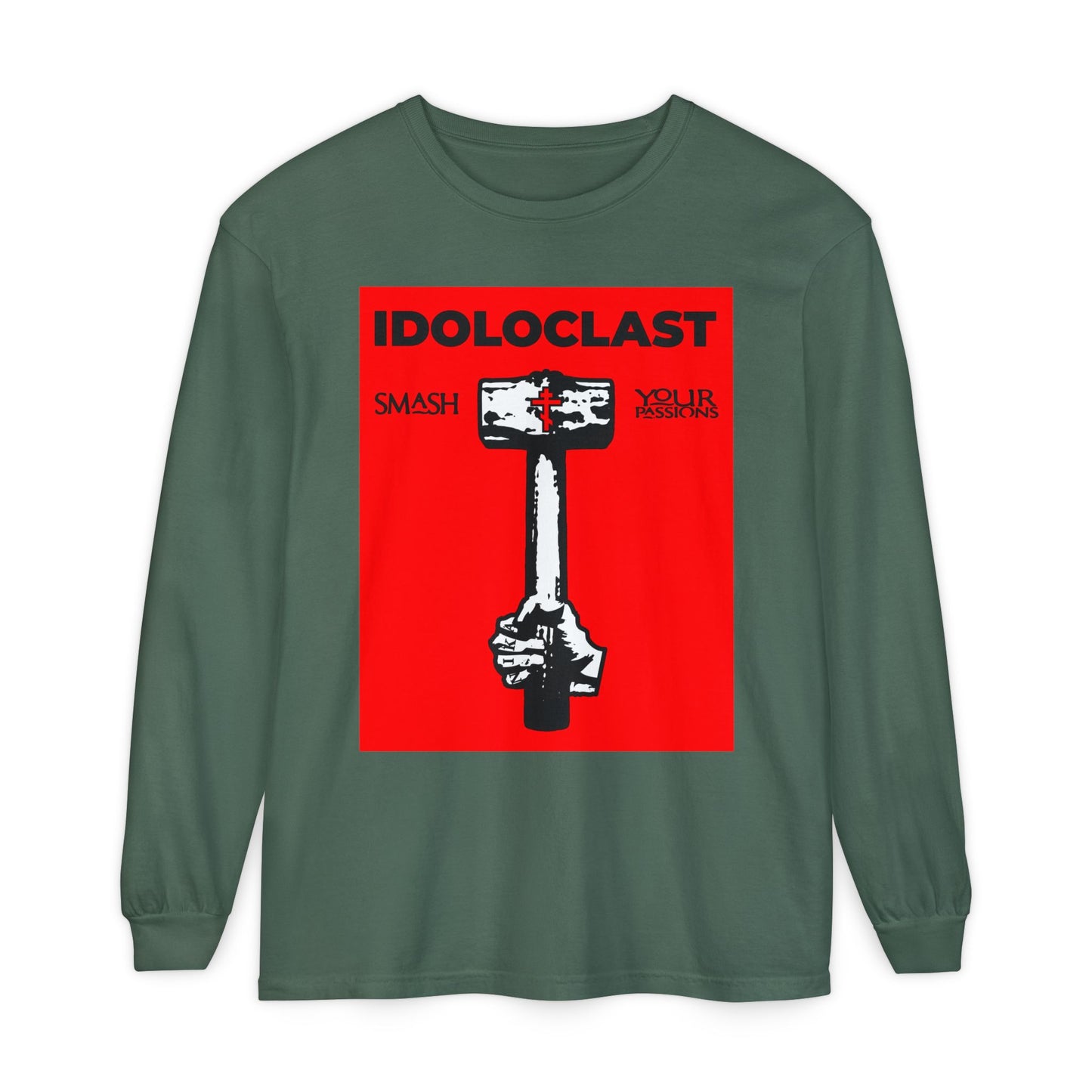 Idoloclast Idol-Smasher | Jesus NIKA Fist w/ Sledgehammer on Red Background | Smash Your Passions | Orthodox Christian Long Sleeve Shirt