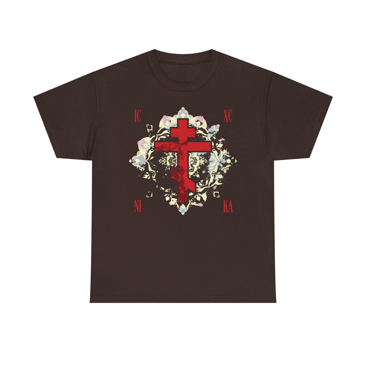 ICXC NIKA | Jesus Christ Conquers | Textured Red Orthodox Cross w/ Medieval Floral Background | Orthodox Midweight Cotton Unisex Tee