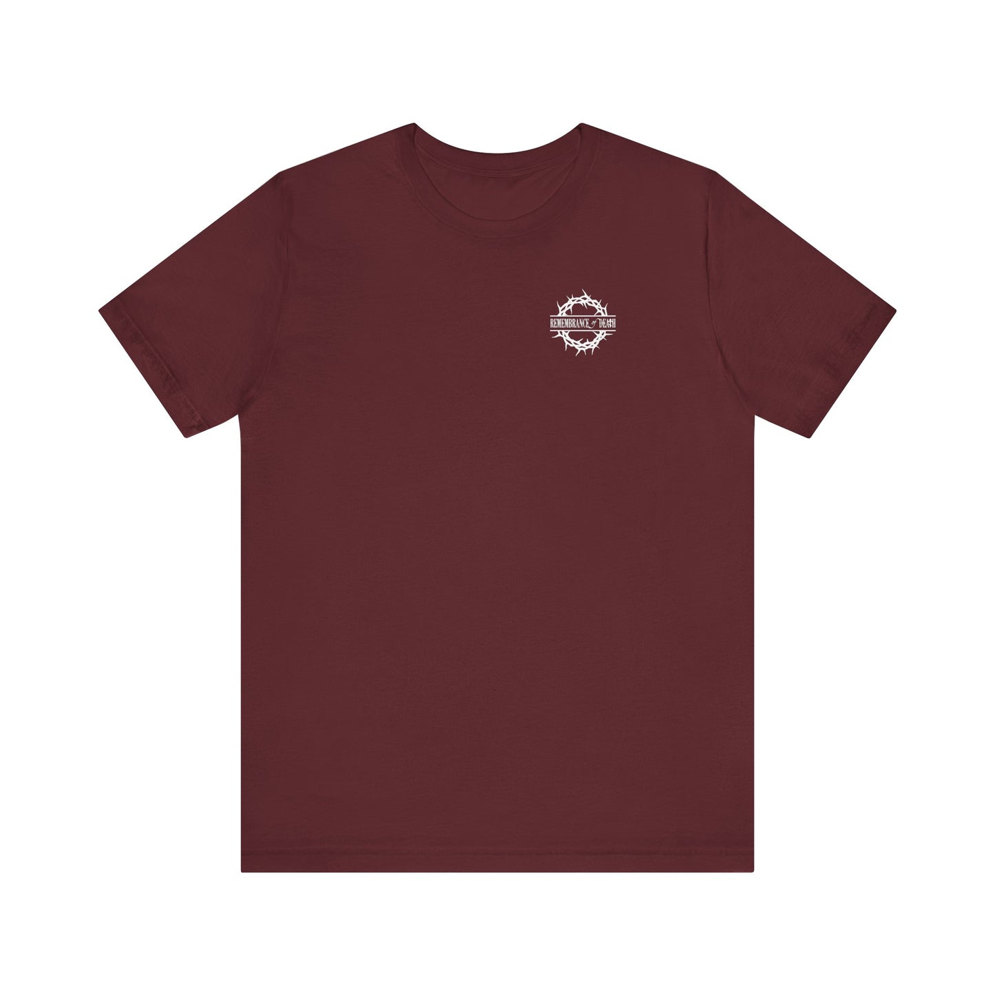 Maroon BACK PRINT 2-Sided Dead to this World tee with Christian goth flower cross & skull graphic, branded front print, lightweight cotton unisex fit, shown on a white background.