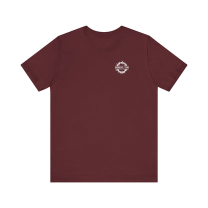 Maroon BACK PRINT 2-Sided Dead to this World tee with Christian goth flower cross & skull graphic, branded front print, lightweight cotton unisex fit, shown on a white background.