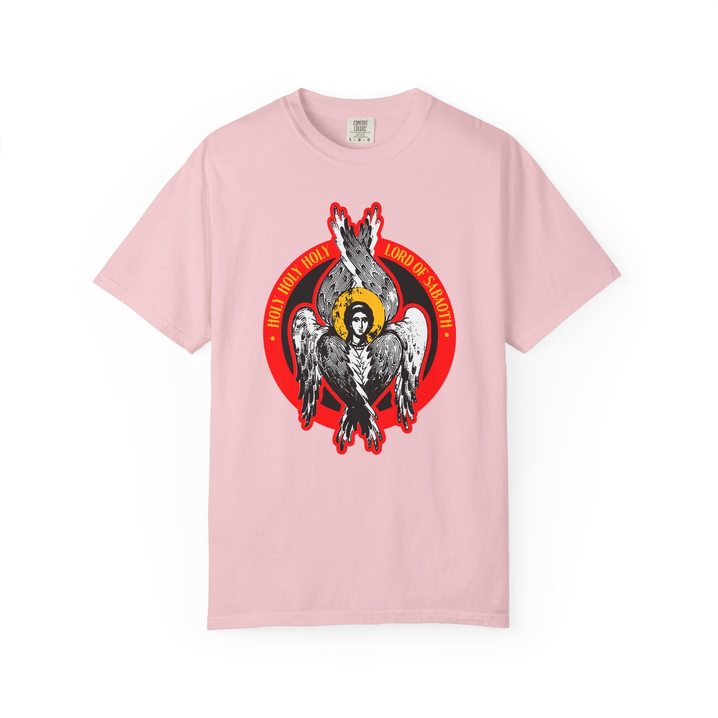 Blossom tee featuring a seraphim graphic and "HOLY HOLY HOLY LORD OF HOSTS" text in a red circle, inspired by Isaiah 6. Heavyweight cotton unisex design from the Holy Holy Holy, Lord of Sabaoth collection.