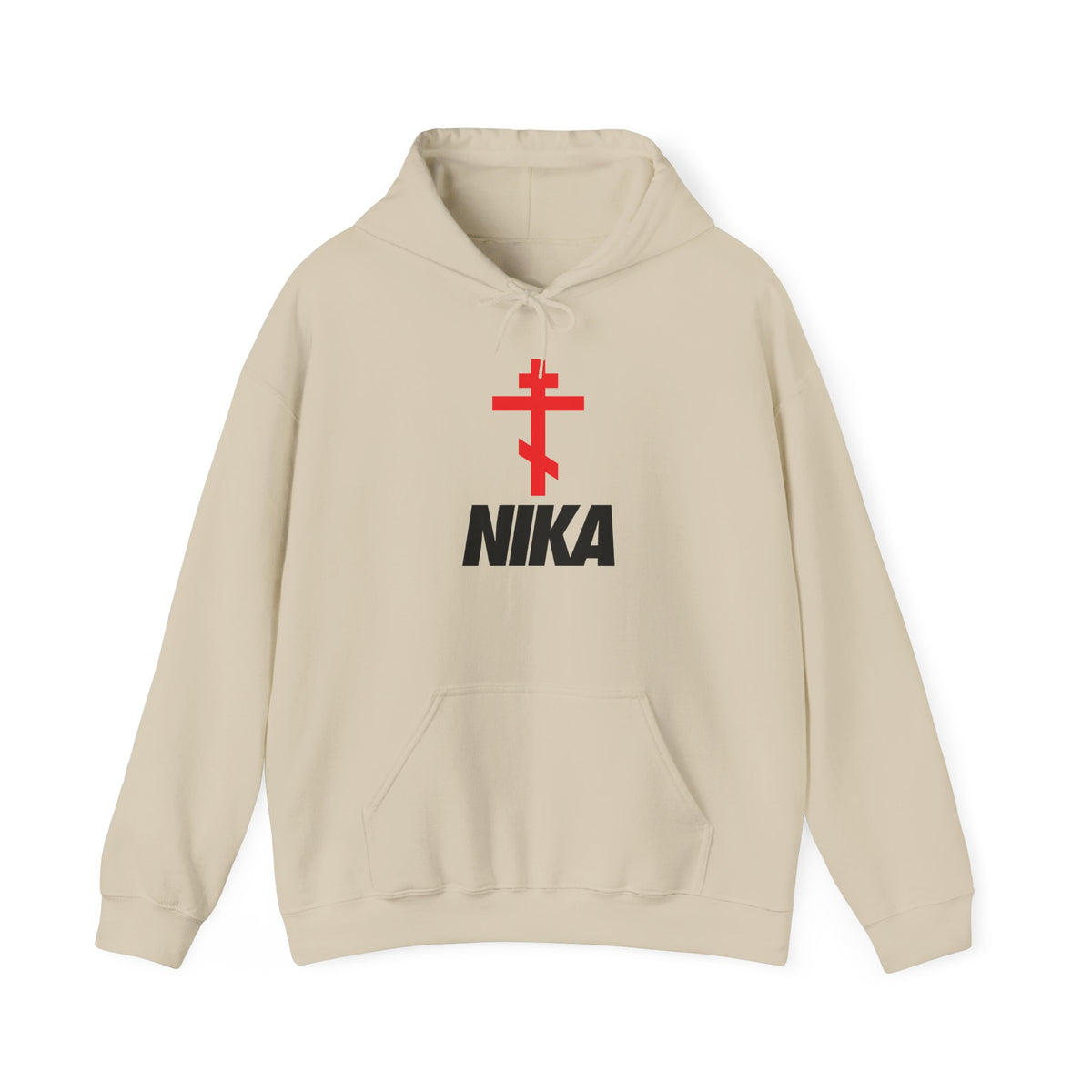 Sand-colored “NIKA Orthodox Cross” hoodie featuring a bold red Orthodox cross above the word NIKA in black, inspired by traditional Orthodox iconography—an athletic ascetic fashion piece that cleverly mashes up the classic NIKE logo with minimalist corporate sportswear style.