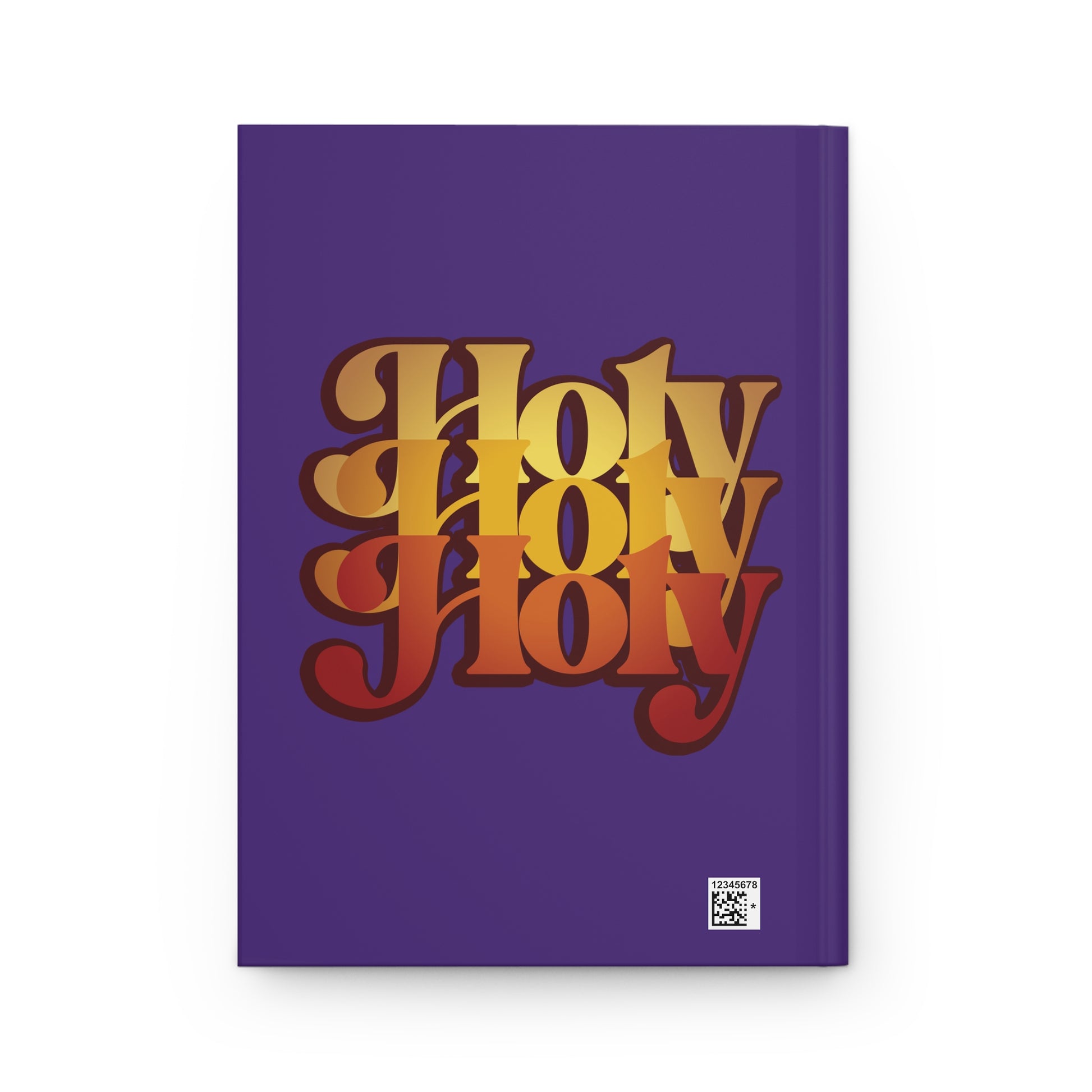 A 70s style hardcover journal with a purple cover features “Holy Holy Holy” from Isaiah 6 in large gradient yellow-to-red letters. Orthodox-inspired, it highlights the Cherubim & Seraphim Trisagion liturgical prayer.