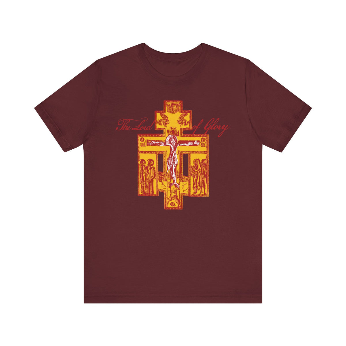 Maroon "The Lord of Glory" lightweight cotton unisex tee featuring a yellow and red Russian Golgotha Crucifix iconographic design with figures, inspired by Orthodox Christian tradition and 1 Corinthians 2:8.