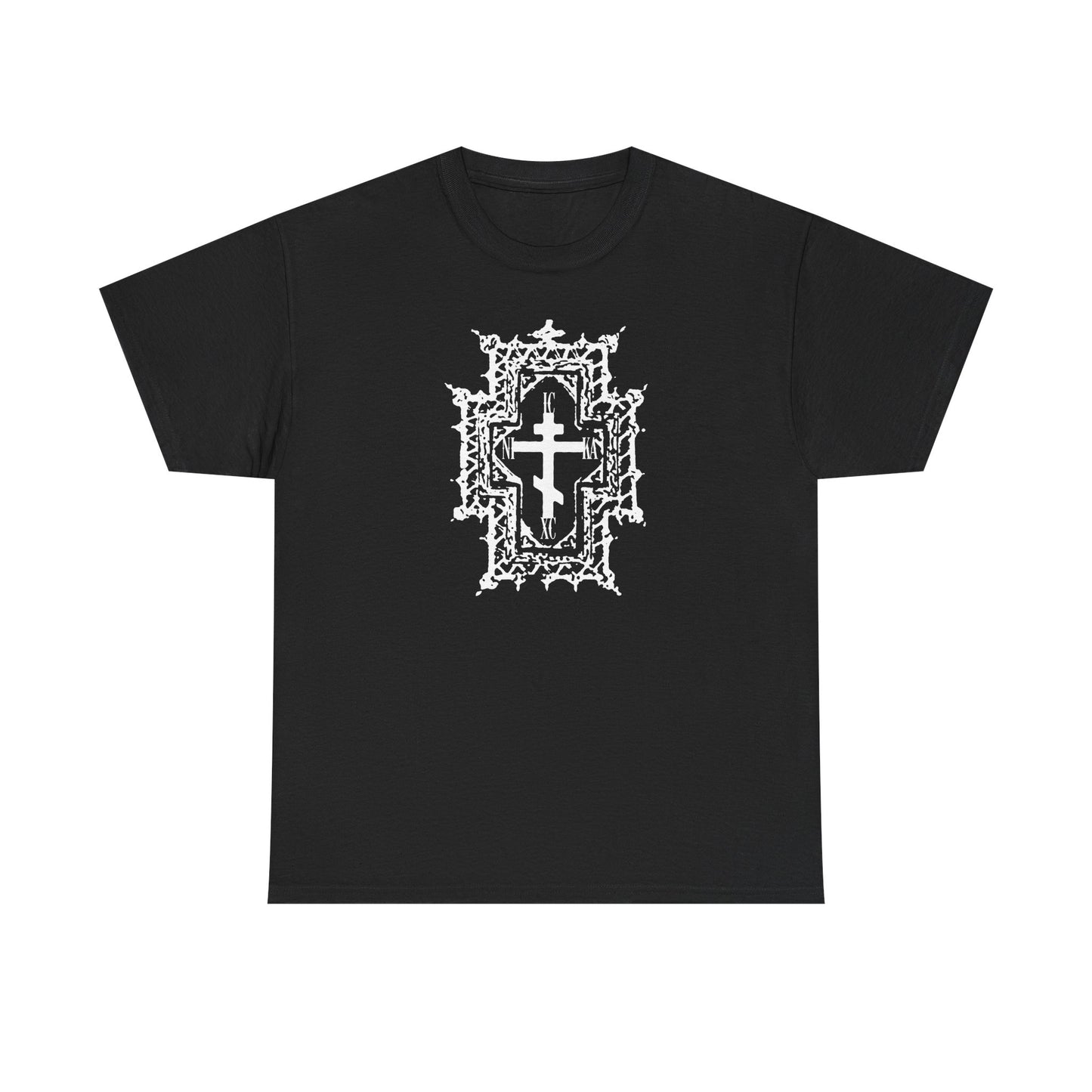 Black ICXC NIKA "Jesus Christ Conquers" t-shirt featuring a Gothic cathedral-style Orthodox cross with ornate white detailing, inspired by "Healed By His Wounds." Made of heavy cotton.