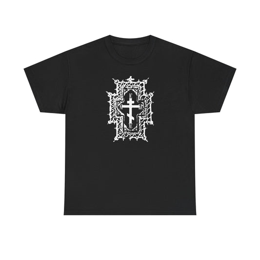 Black ICXC NIKA "Jesus Christ Conquers" t-shirt featuring a Gothic cathedral-style Orthodox cross with ornate white detailing, inspired by "Healed By His Wounds." Made of heavy cotton.