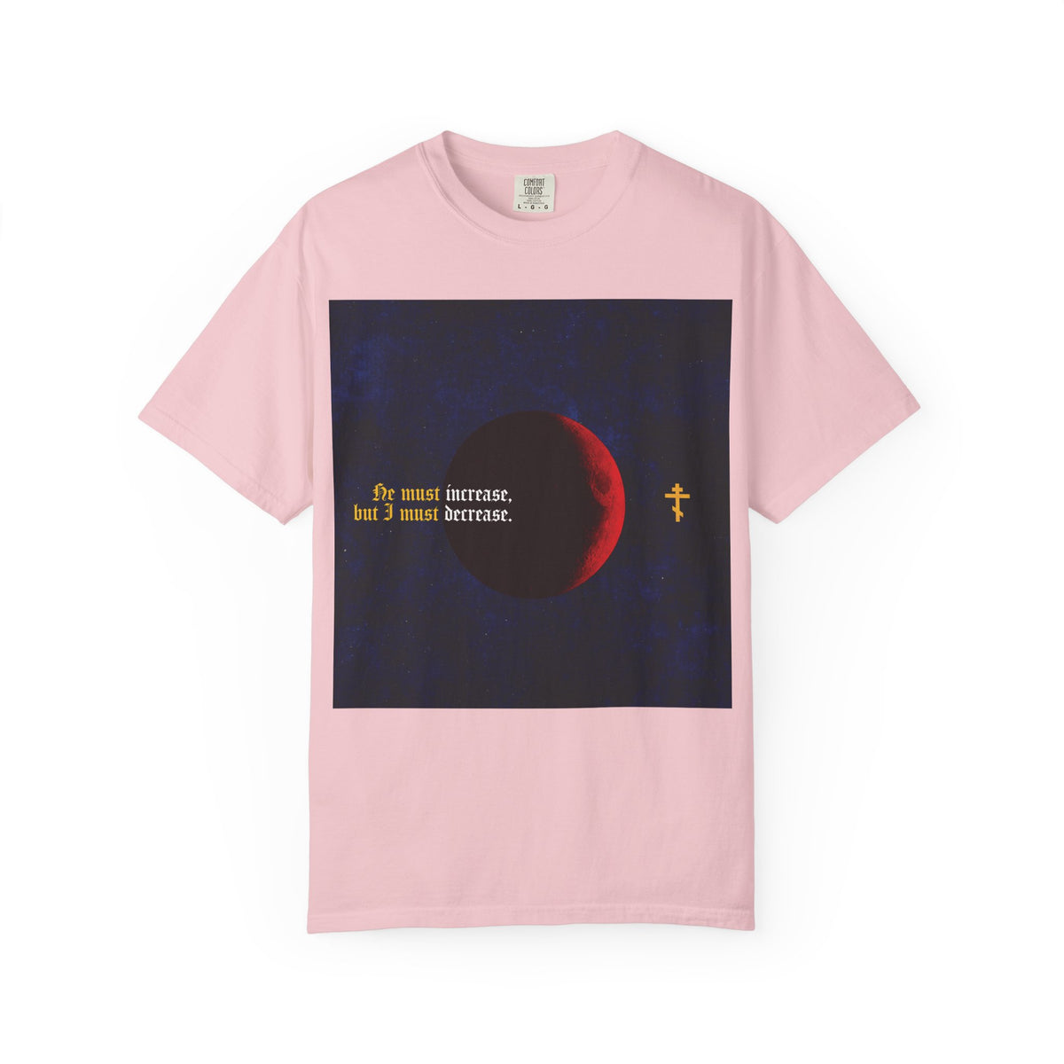 He Must Increase, and I Must Decrease (John 3:30) | John the Baptist | Moon & Gothic Text | Orthodox Christian Heavyweight Cotton Unisex Tee