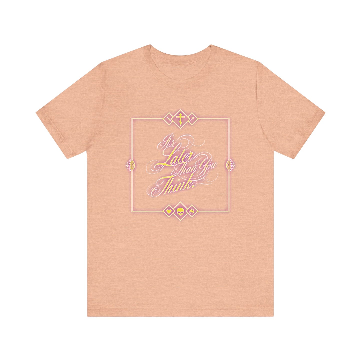 Heather peach t-shirt featuring glowing neon cursive typography with the phrase "It's Later Than You Think" in the center—a lightweight, unisex Orthodox Christian shirt inspired by Fr. Seraphim Rose, offering a gentle reminder about the journey of the soul and eternal fate.