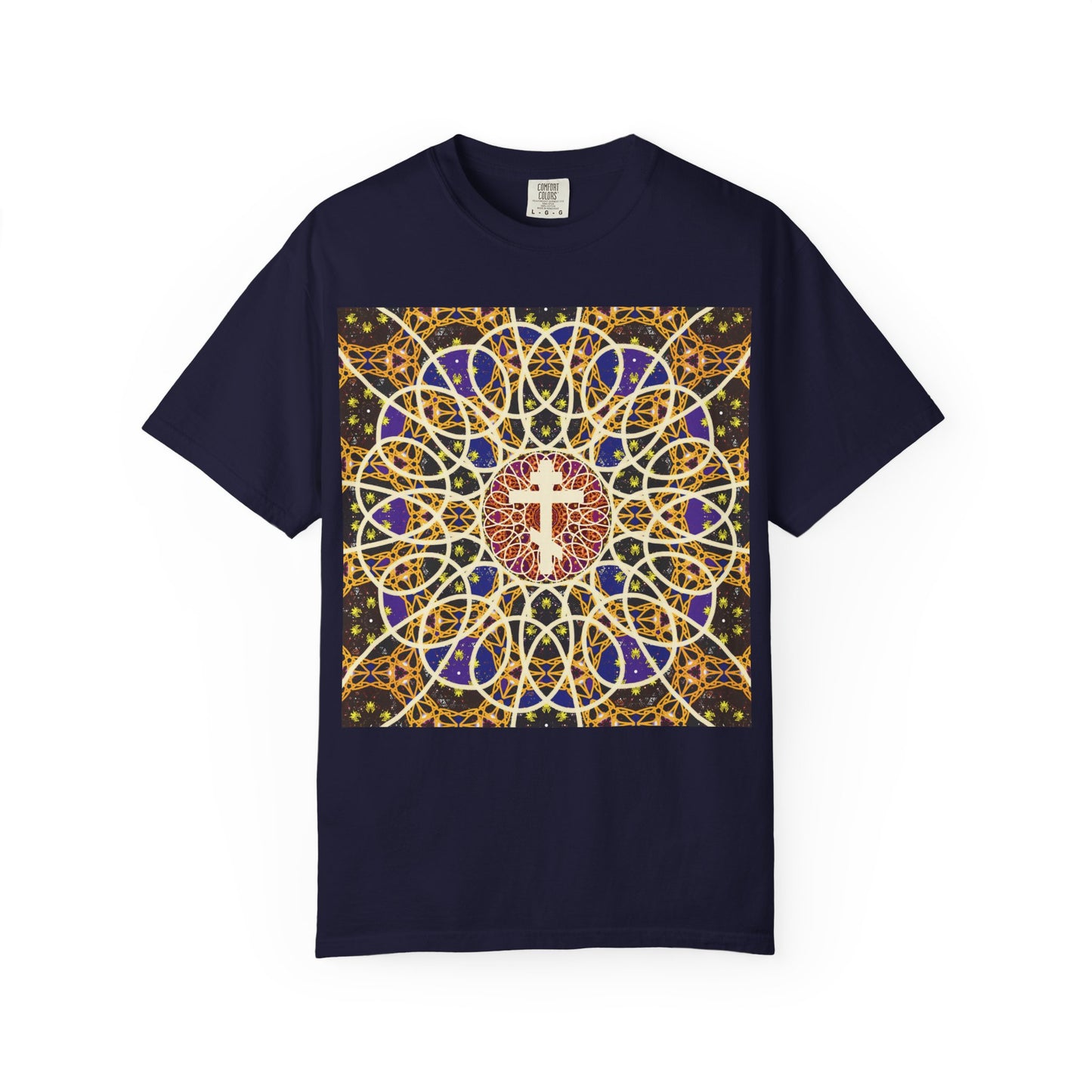 True navy heavyweight cotton unisex t-shirt featuring a colorful stained glass rose window and Orthodox Cross design on the front, inspired by medieval cosmology and inscribed with “Let all the earth venerate the Cross”—reflecting the spirit of Tone 6 Sunday Matins and the robe of incorruption.