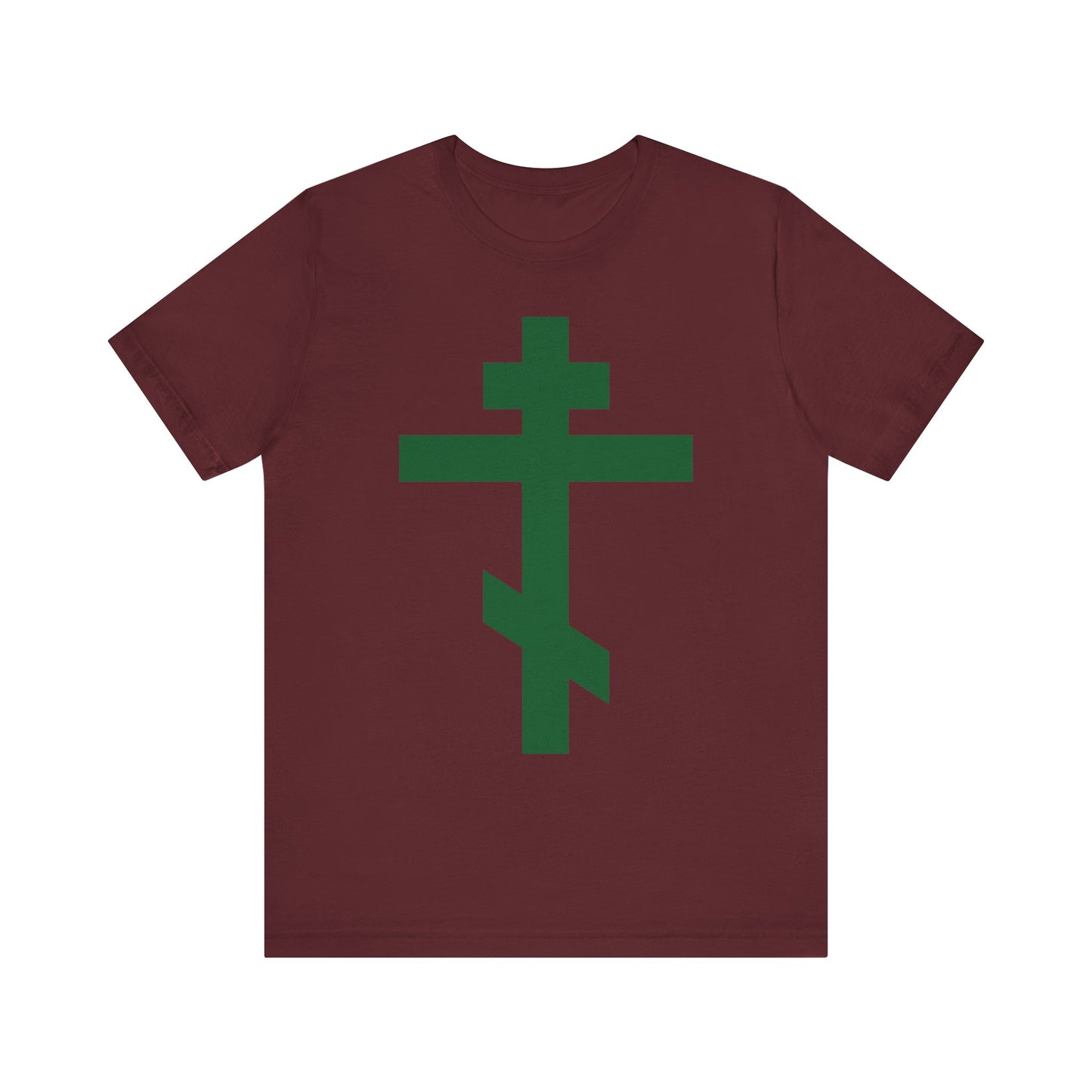 Maroon tee featuring the Forest Green Orthodox Tribar Cross with "Preserve Thy People By Thy Cross, O Lord" and "Christ is King." Lightweight cotton unisex design.