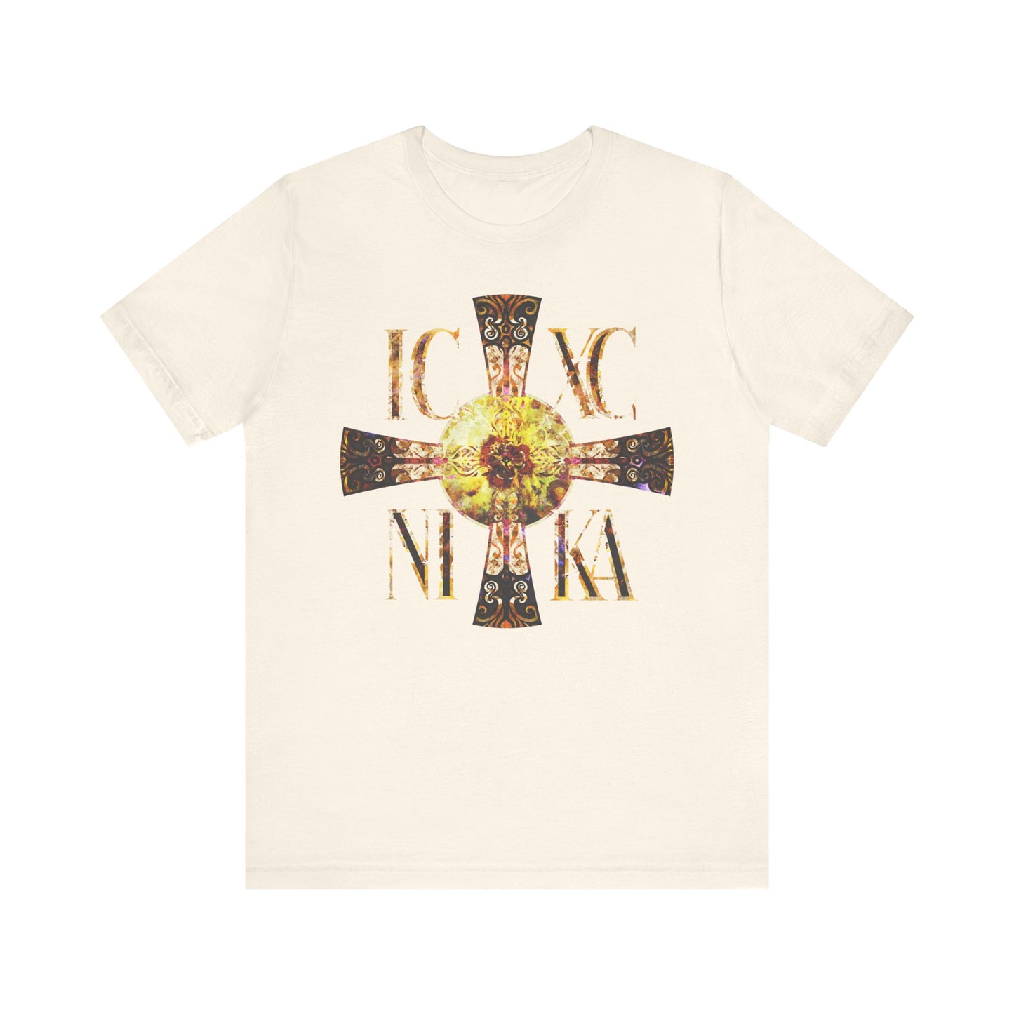 Natural cotton tee featuring a bright solar-textured, Celtic-style equal armed Cross and IC XC NIKA, inspired by Orthodox tradition and the never-setting Sun.