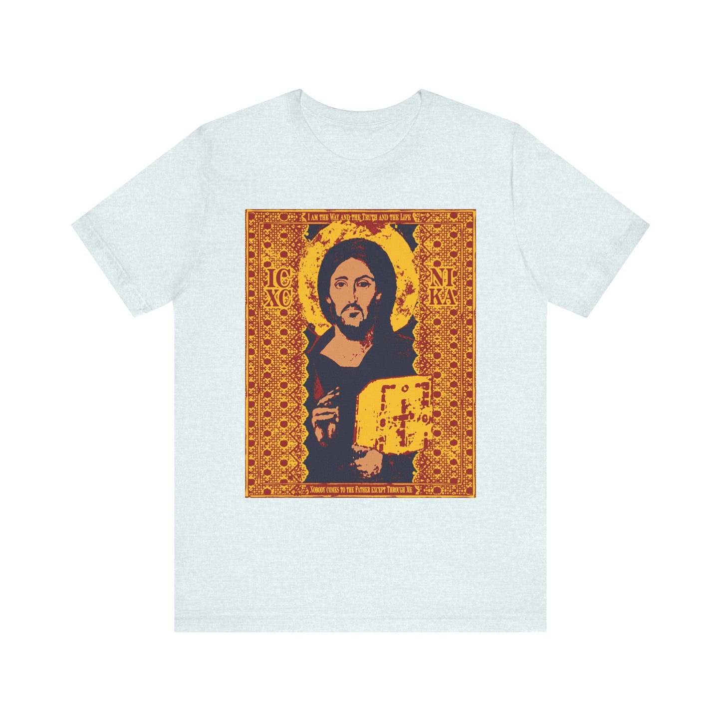 Heather Ice Blue unisex tee featuring the Jesus Christ Sinai Pantocrator IconoGraphic (ICXC NIKA), inspired by the Orthodox tradition and John 14:6—"I am the Way, the Truth, and the Life"—with a bearded Christ holding a book rendered in gold and red tones.