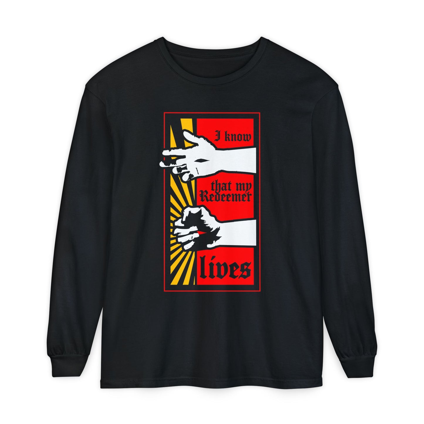 Black long-sleeve “I Know That My Redeemer Lives (Job 19:25)” shirt features a comic book style design of resurrected Jesus’ fist with divine power. Orthodox Christian apparel in black with faith-inspired art.