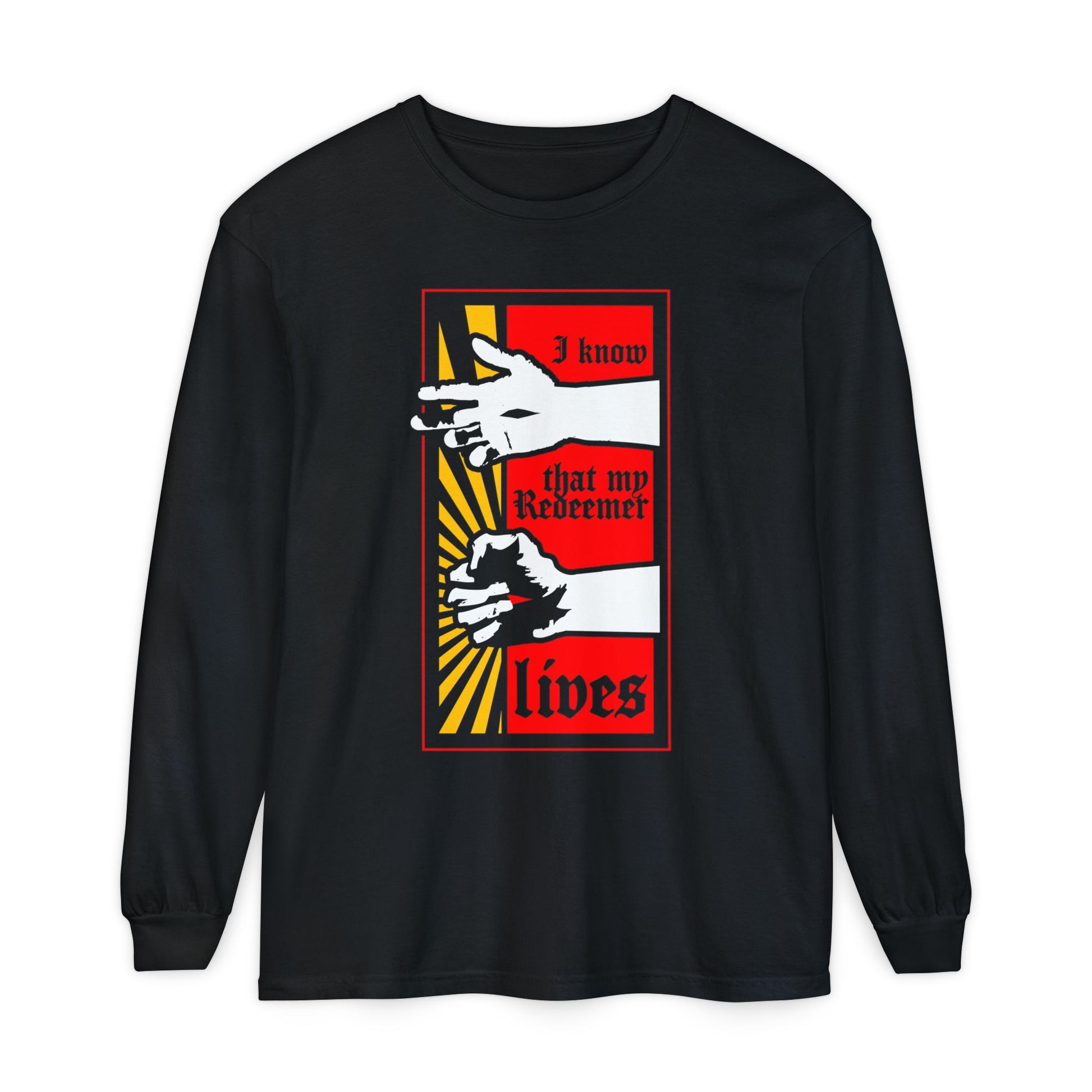 Black long-sleeve “I Know That My Redeemer Lives (Job 19:25)” shirt features a comic book style design of resurrected Jesus’ fist with divine power. Orthodox Christian apparel in black with faith-inspired art.