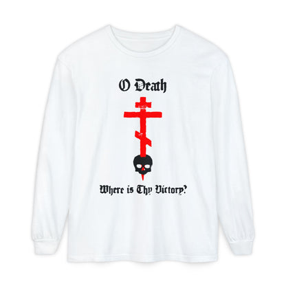 O Death Where is Thy Victory? 1 Cor 15:55 | Cross Stabbing Skull | Spraypaint Aesthetic | Orthodox Christian Long Sleeve Shirt