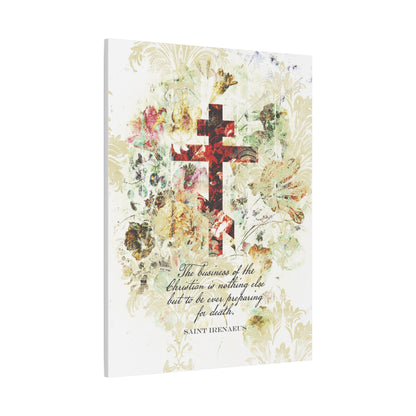 Preparing For Death | White & Beige Floral Scrapbook Texture Cross | Arts & Crafts Style | St Irenaeus | Orthodox Christian Canvas Art