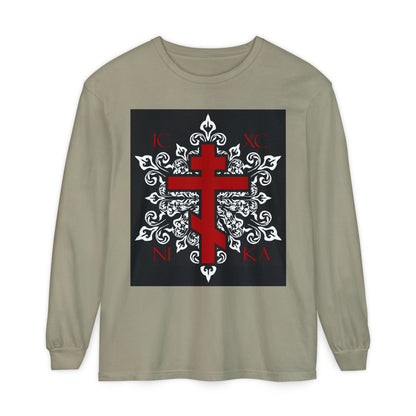 ICXC / NIKA Red Orthodox Cross on Ornate White Medieval Floral Design | Exclusive Best-Selling | Orthodox Christian Long Sleeve Shirt