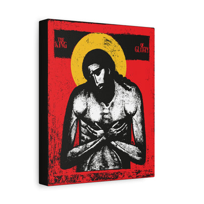 A grayscale Jesus Christ with a yellow halo on red, text "The King of Glory." The King of Glory Jesus Christ "Extreme Humility" IconoGraphic—red, yellow, white & black Christian wall art inspired by Isaiah 53.
