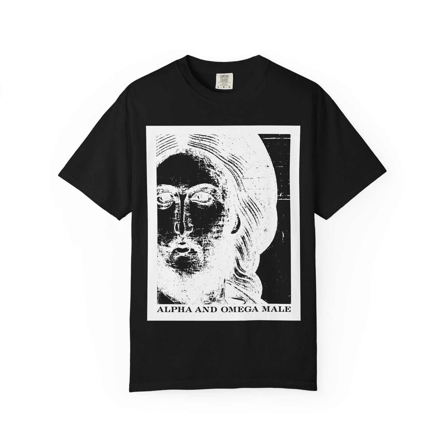 Alpha & Omega Male | Jesus Christ Icono-Graphic Photonegative | I am the Beginning & the End (Rev 22) | Heavyweight Cotton Unisex T-Shirt