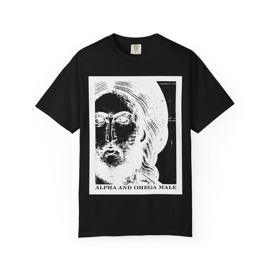 Black unisex T-shirt featuring an icono-graphic, photonegative face of Jesus Christ and the text “Alpha & Omega Male – I am the Beginning & the End (Rev 22),” inspired by the new heaven and new earth. Heavyweight cotton.
