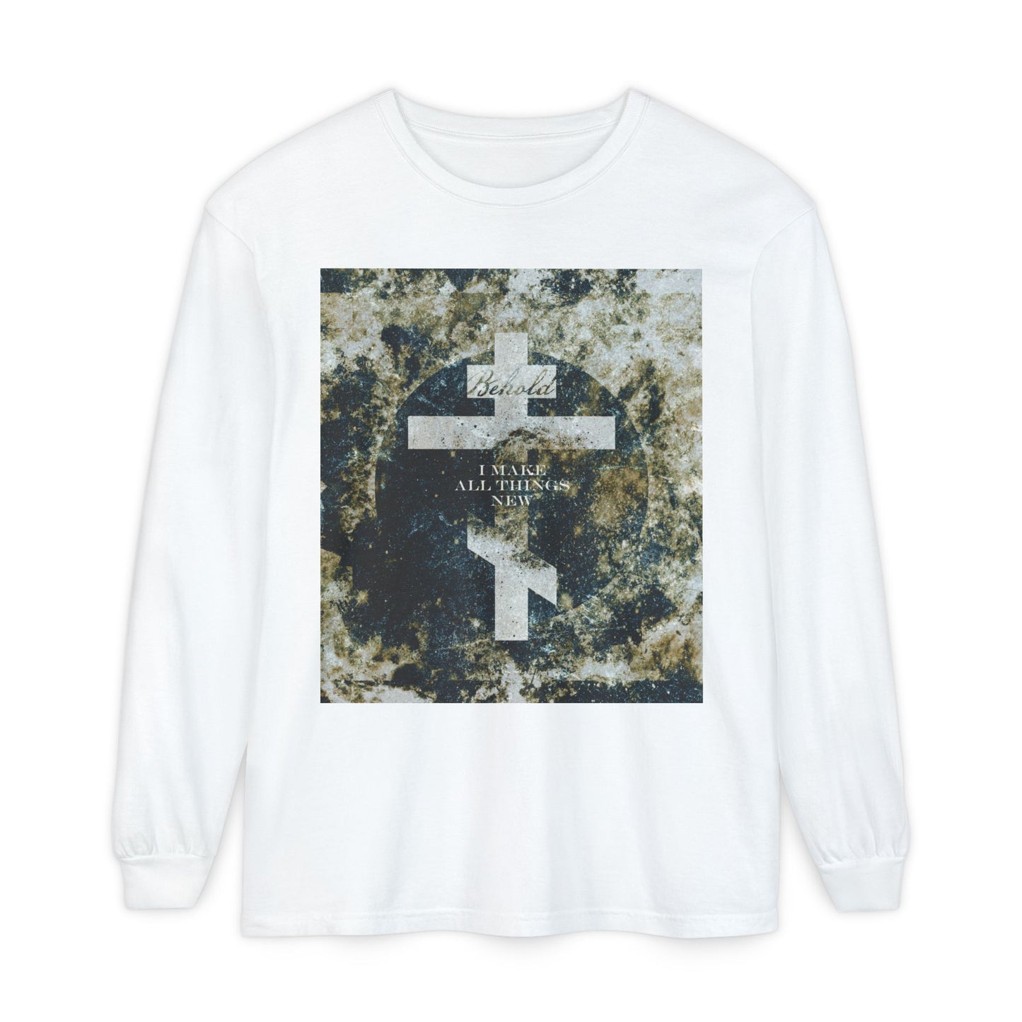 Behold, I Make All Things New | Revelation 21:5 | Cosmic Textured Orthodox Cross | Parousia | Orthodox Christian Long Sleeve Shirt